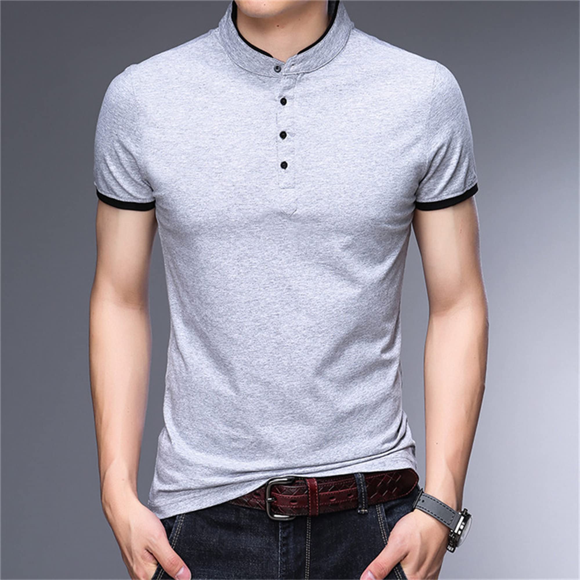 Slim Mock Neck Workout Shirt Quarter Button Short Sleeve T-Shirt Classic Golf Shirts for Men (Grey,XX-Large)