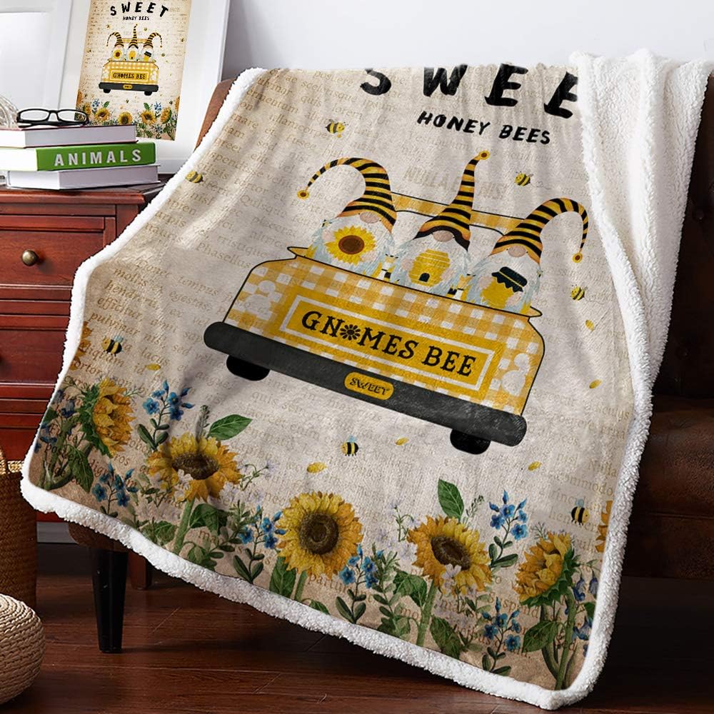 Bеѕt Quаlіtу 🔥 LBDOMOV Warm Soft Fleece Throw Blanket, Sweet Honey Bees Truck Loads Gnomes - Cozy Plush Lightweight Blanket | Winter Couch Bed Sofa Decorative Microfiber Fleece Throws, 49 x 79