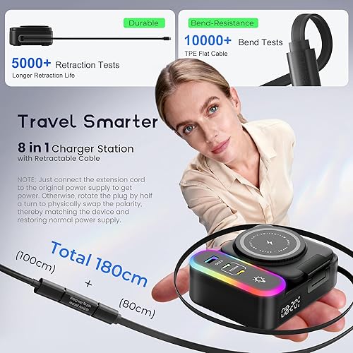 Miniatura 4 de Estación de carga 8 en 1 de 65 W, cargador inalámbrico magnético de 15 W con cable retráctil, soporte de carga rápida USB C de 30 W para iPad,
