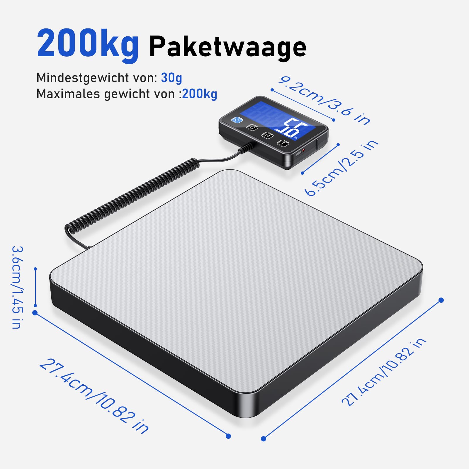 Waga paczkowa, 200 kg/10 g, precyzyjna cyfrowa waga platformowa z funkcją trzymania/tary, waga pocztowa z zamontowanym na ścianie wyświetlaczem LCD do paczek/bagażu/magazynu, baterii i kabla do