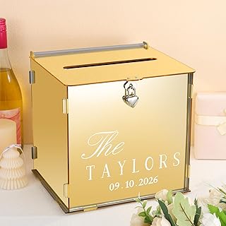 Metallic Gold Mirror Acrylic Wedding Card Box with Lock Slot and Last Name Transfers Money Box for Bridal Shower Wedding Honeymoon Baby Shower Birthday Party Reception Engagement Table Decor