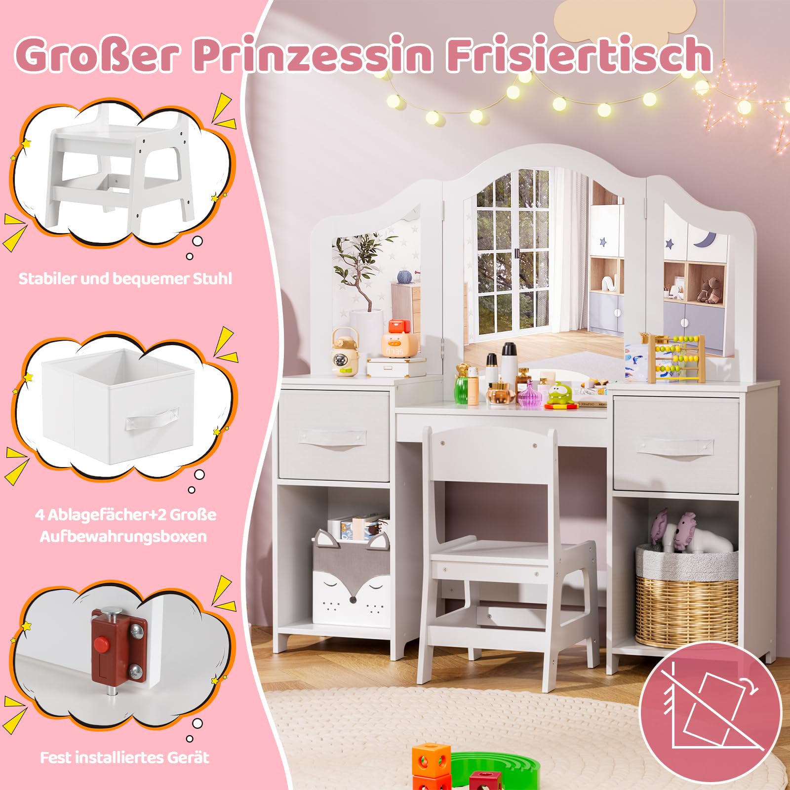 MAMIZO Tocador Infantil 2 en 1 con Espejo Extraíble, Tocador Madera Niña, Escritorio para Niños con Taburete, 2PCS Cajón de Tela, Tocadores Maquillaje Infantil 108x30x114 cm, Blanco