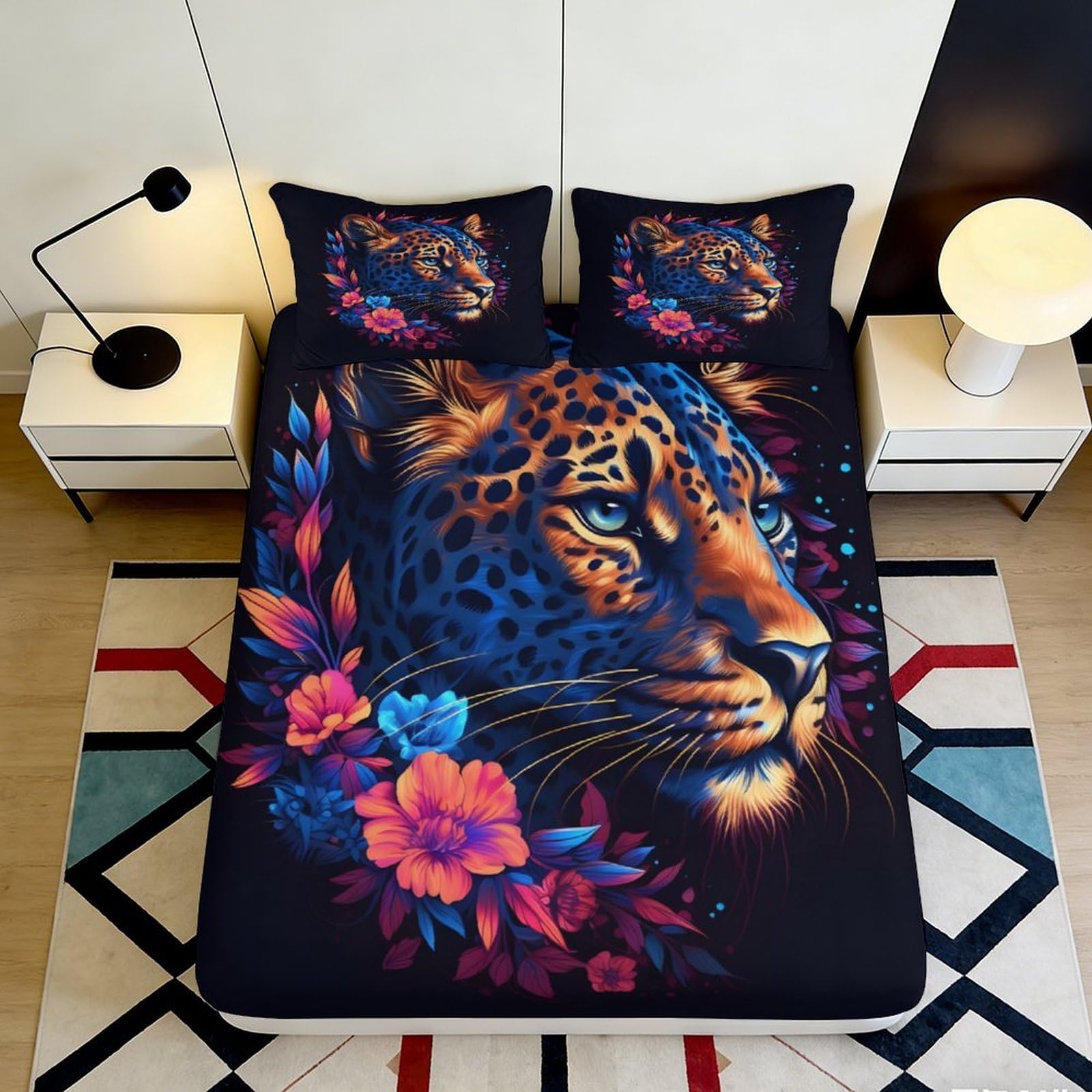 Stylish bedroom decor 3D Printed Fitted Sheet leopard floral design Microfiber soft touch wrinkle resistant guest room bedding 90x200x25cm