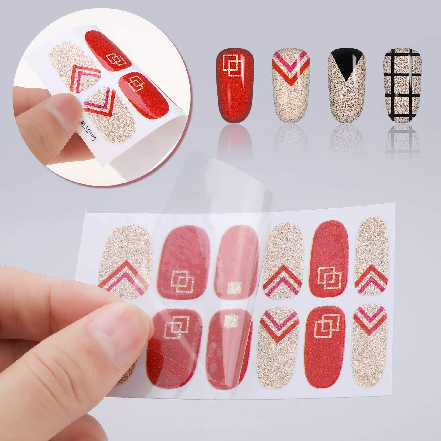MWOOT 16 Sheets Full Wraps Nail Stickers,Self-Adhesive Nail Polish Stickers Red Grid Pattern Glittery Nail Art Decal Strips Kits with Nail File