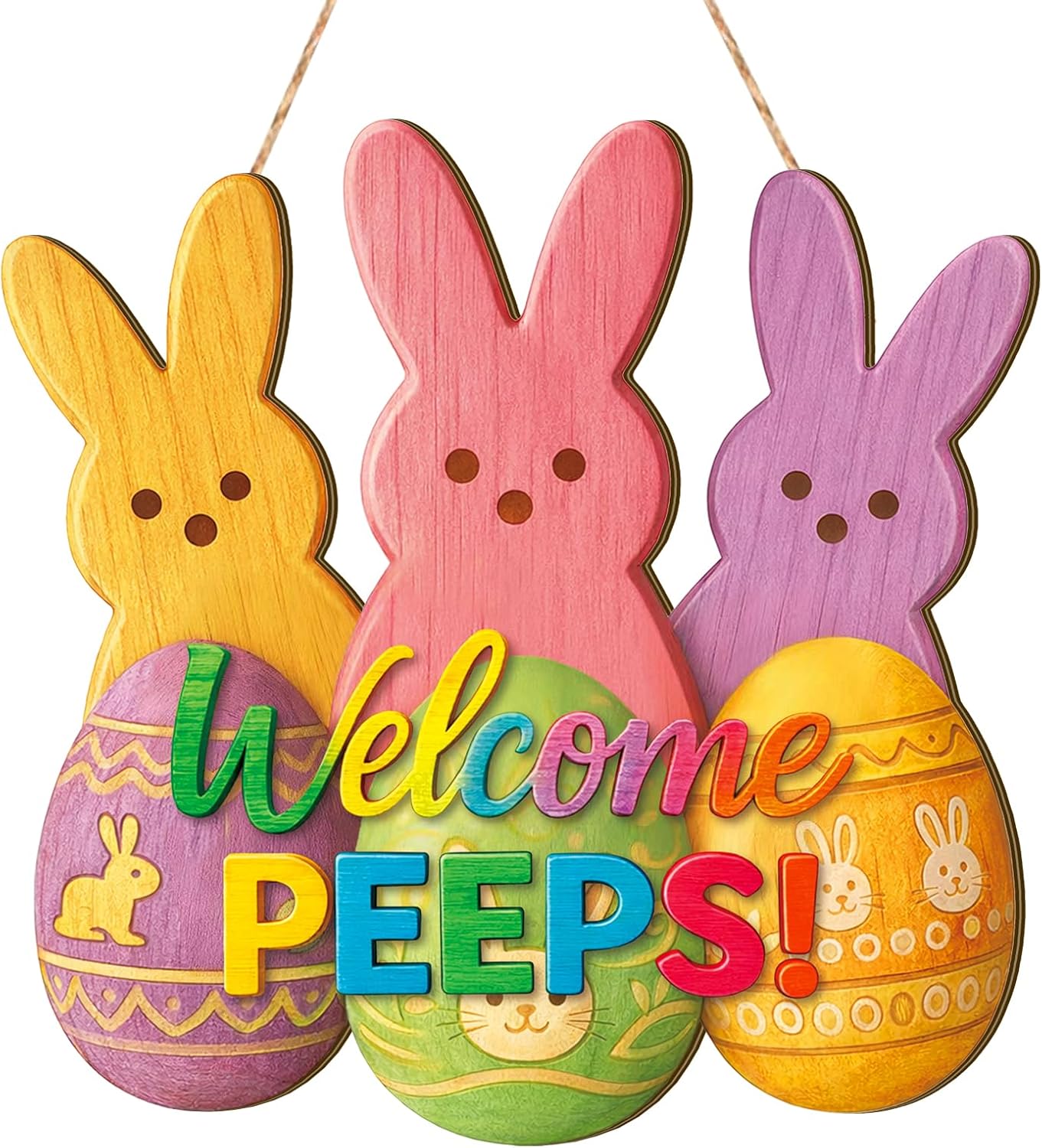 Rustic Wooden Easter Door Hanger Welcome Sign - Easter Egg Bunny Door Decorations for Outside Front Door Porch Decor Vibrant Spring Wall Hanging Plaque for Home Farmhouse Ornament