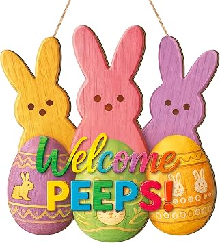 Rustic Wooden Easter Door Hanger Welcome Sign - Easter Egg Bunny Door Decorations for Outside Front Door Porch Decor Vibrant Spring Wall Hanging Plaque for Home Farmhouse Ornament