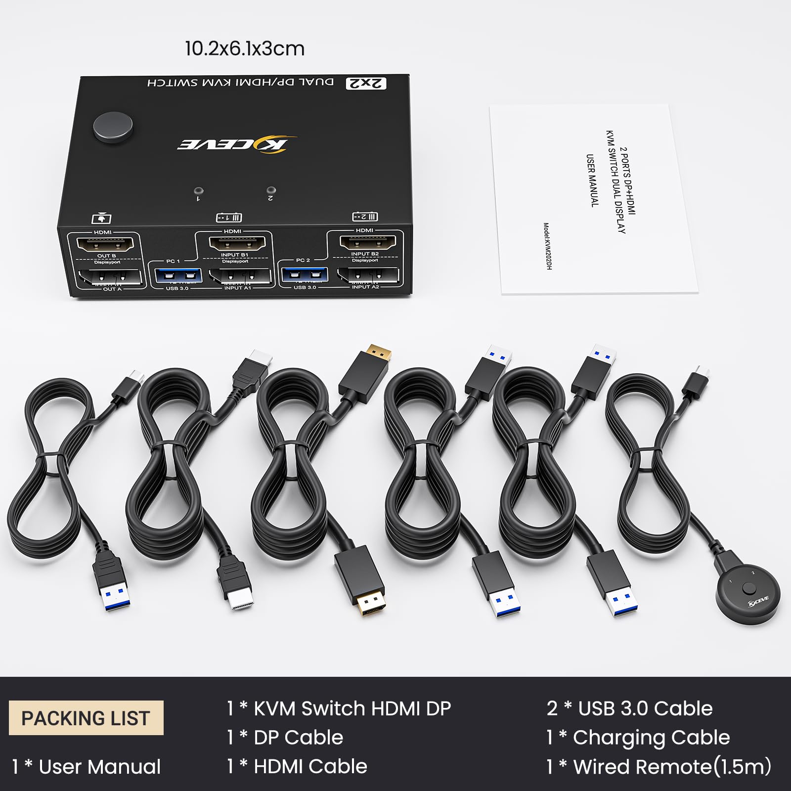 KVM Switch 2 PC 2 Monitores DP HDMI, USB 3.0 Dual Monitor KVM Switch DisplayPort HDMI Comparten 4 USB 3.0 ports Ratón Teclado, 4K@60Hz, Wired Remote(4K DP HD 2 in 2 out)