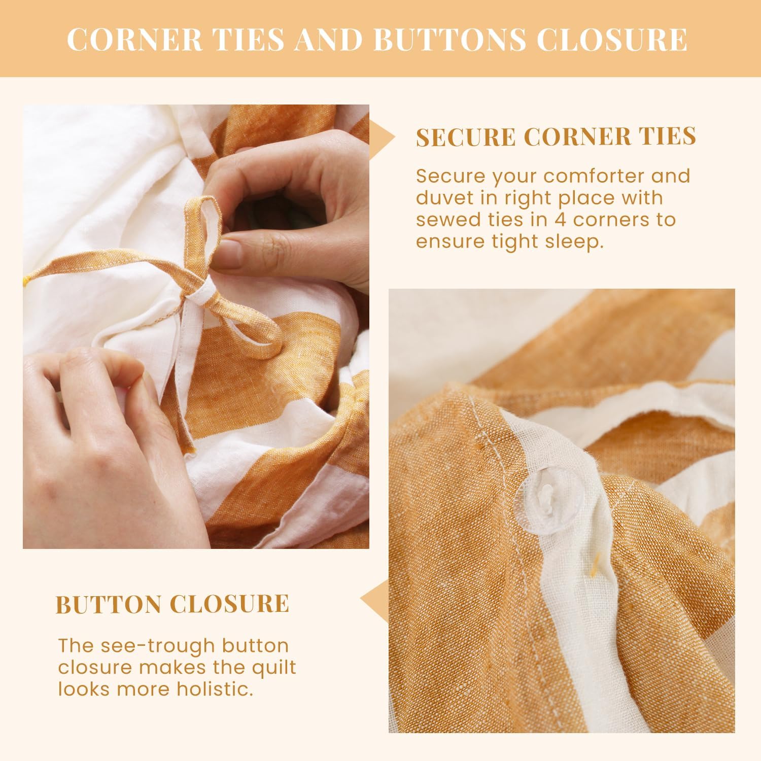S VICTORY SYMBOL 100% Organic Linen Duvet Cover Set 3pcs,Yellow Stripe Yarn Dyed Pattern Farmhouse Bedding Set,French Natural Flax Comforter Cover Set Queen Size