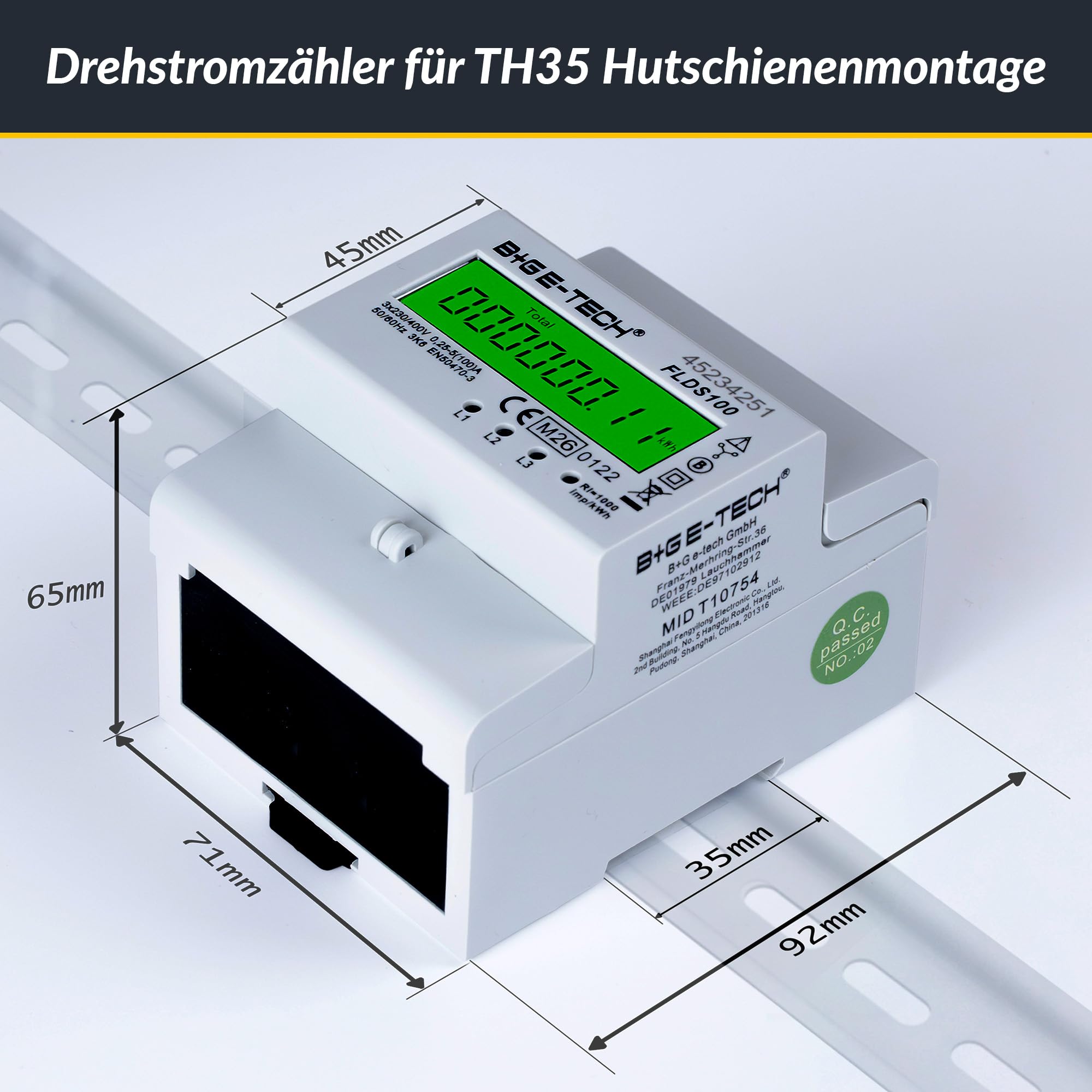 3 Phasen Drehstromzähler [FLDS100 - MID 26] - Stromzähler für TS35 Hutschiene, MID geeicht, digitaler LCD Drehstromzähler mit S0, 100A, 400V
