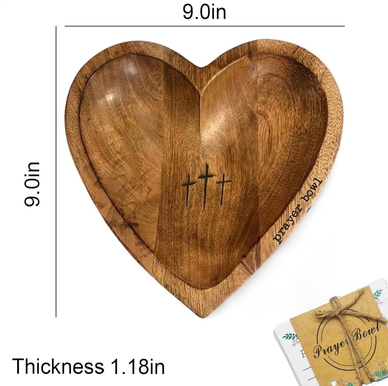 Prayer Bowl Wooden with Cards, Wooden Heart Prayer Bowl with Cross, Handcrafted Wood Prayer Dough B owl for Women with 24 Prayer Cards