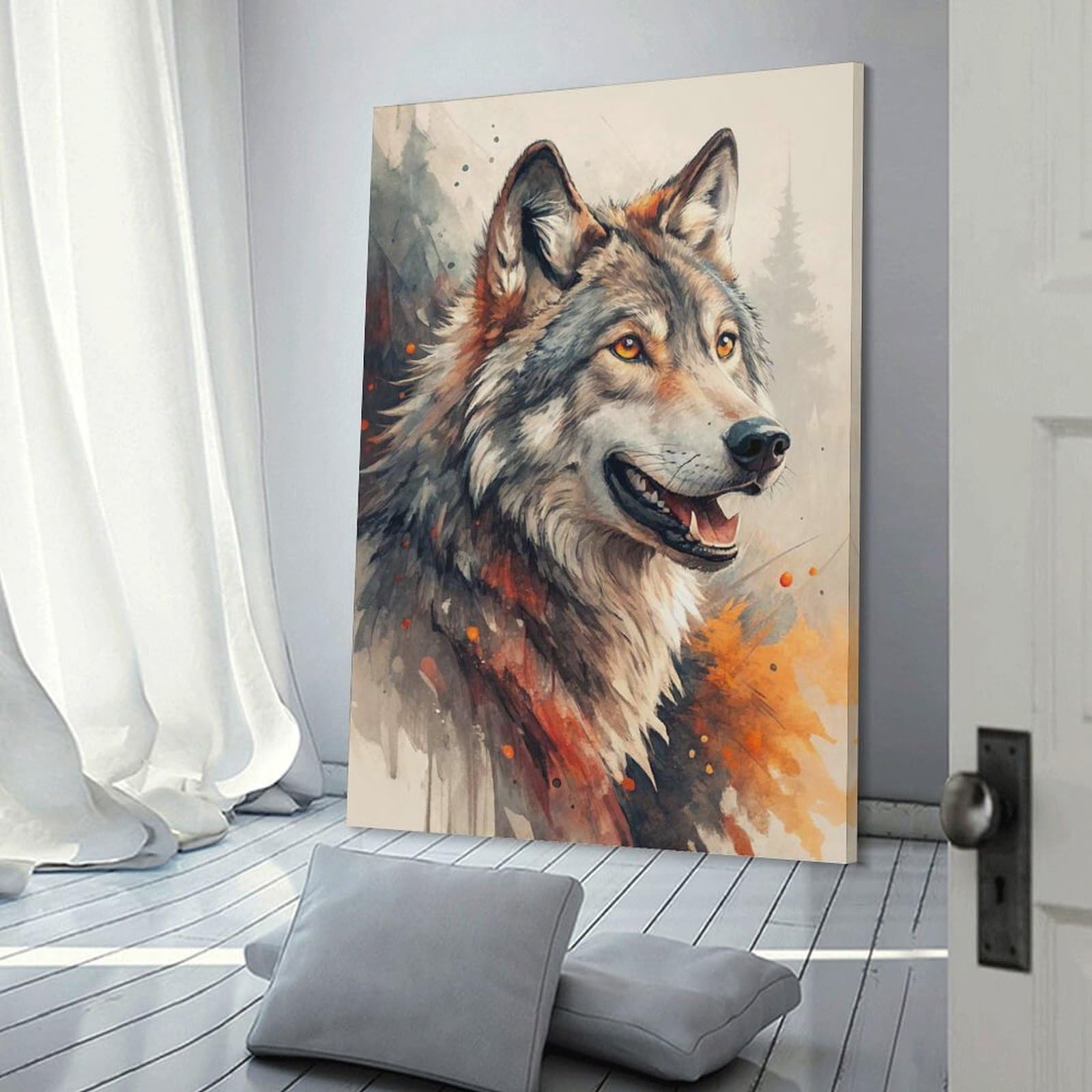 Junmoney Frame-Style-3 Watercolor Wolf Portrait(2) Room Decor Wall Art 20X30inch(50X75cm), For Bedroom, Guest Room Or Reading Nook, An Easy Wall Refresh For Bedrooms