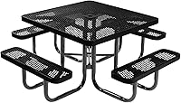 CoatedOutdoorFurniture 46" Square Heavy-Duty Portable Picnic Table with Umbrella Hole - Textured Black Expanded Metal, Made in USA