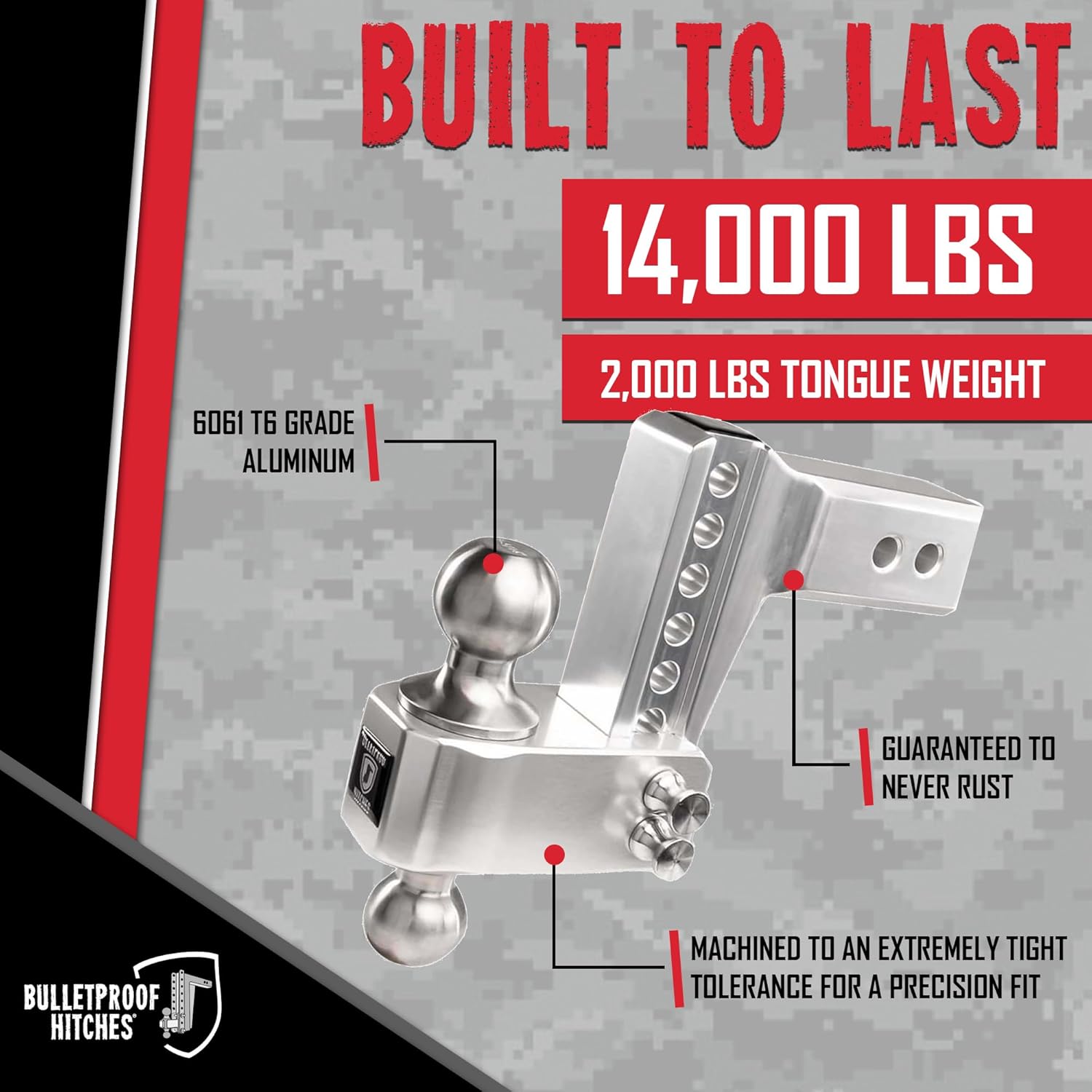 BulletProof Hitches - 2.5" Aluminum Trailer Hitch (14,000 lb. Rating) - Adjustable Hitch with 4" Drop/Rise and 2" & 2-5/16" Stainless Steel Dual Ball - Corrosion-Resistant Tow Hitch