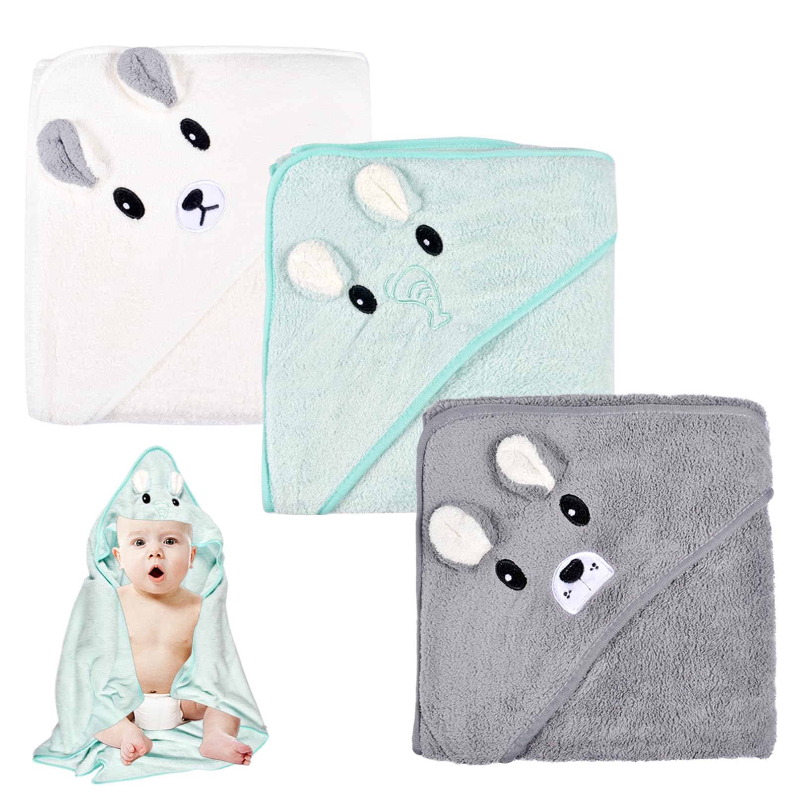 3 Pièces Serviette De Bain Bébé, Cape De Bain Bébé À Capuche, 80 x 80cm Peluche De Corail De Haute Qualité, Douces & Absorption Forte, Serviettes pour Enfants en Bas âge avec Trois Motifs