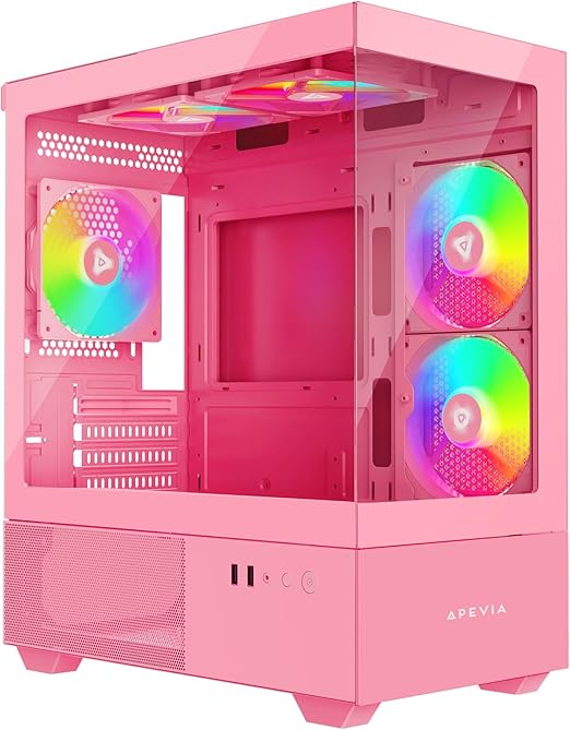 Apevia Phantom-PK Phantom Micro-ATX Dual-Chamber Gaming PC Case w/ 5X 120mm ARGB Fans, 366 RGB Modes, Dual Tempered Glass Panels, 240mm Radiator Support, 2X USB3.0, HD Audio Port, Pink