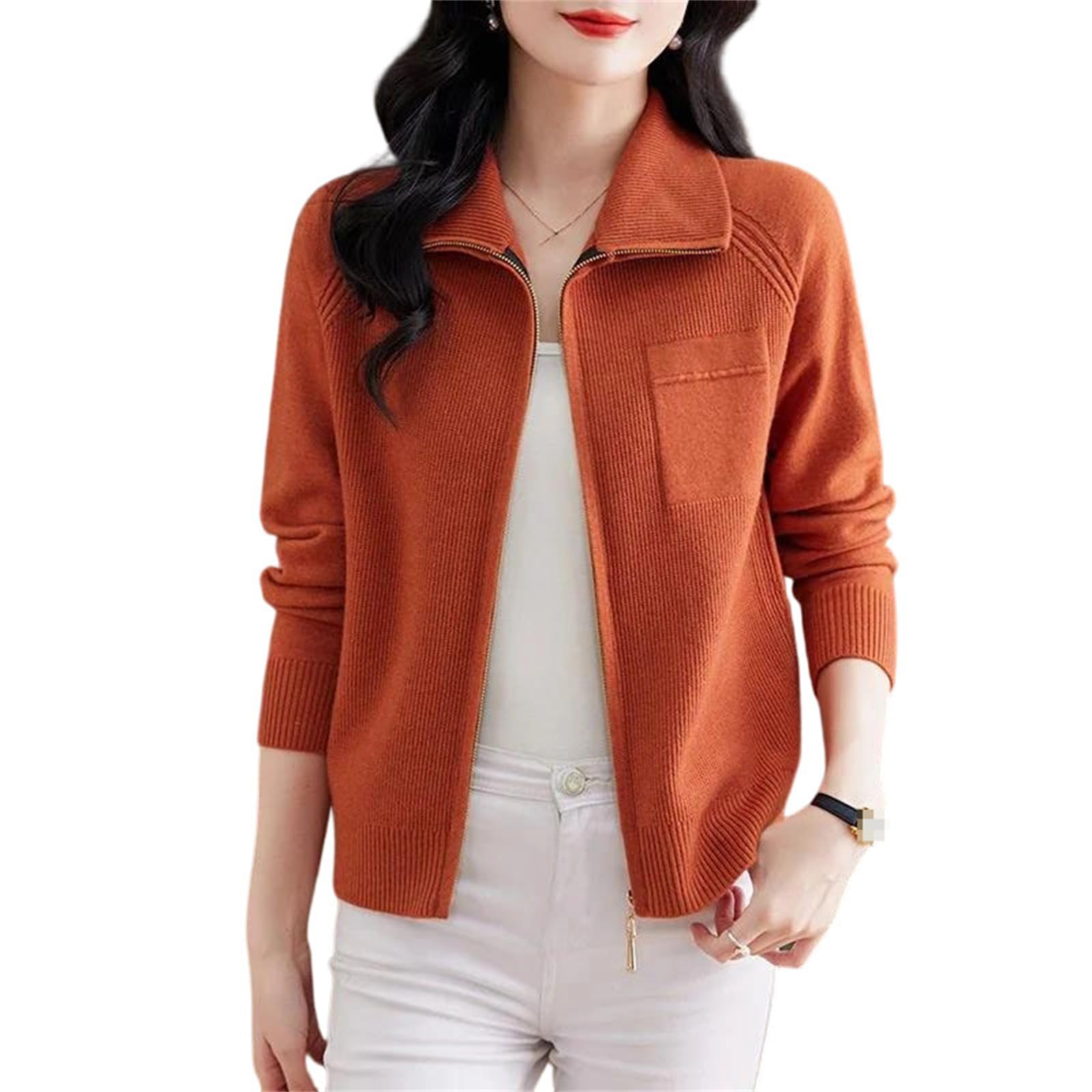 Women Lapel Knit Cardigan Spring Autumn Long Sleeve Soft Casual Sweater Elegant Outerwear