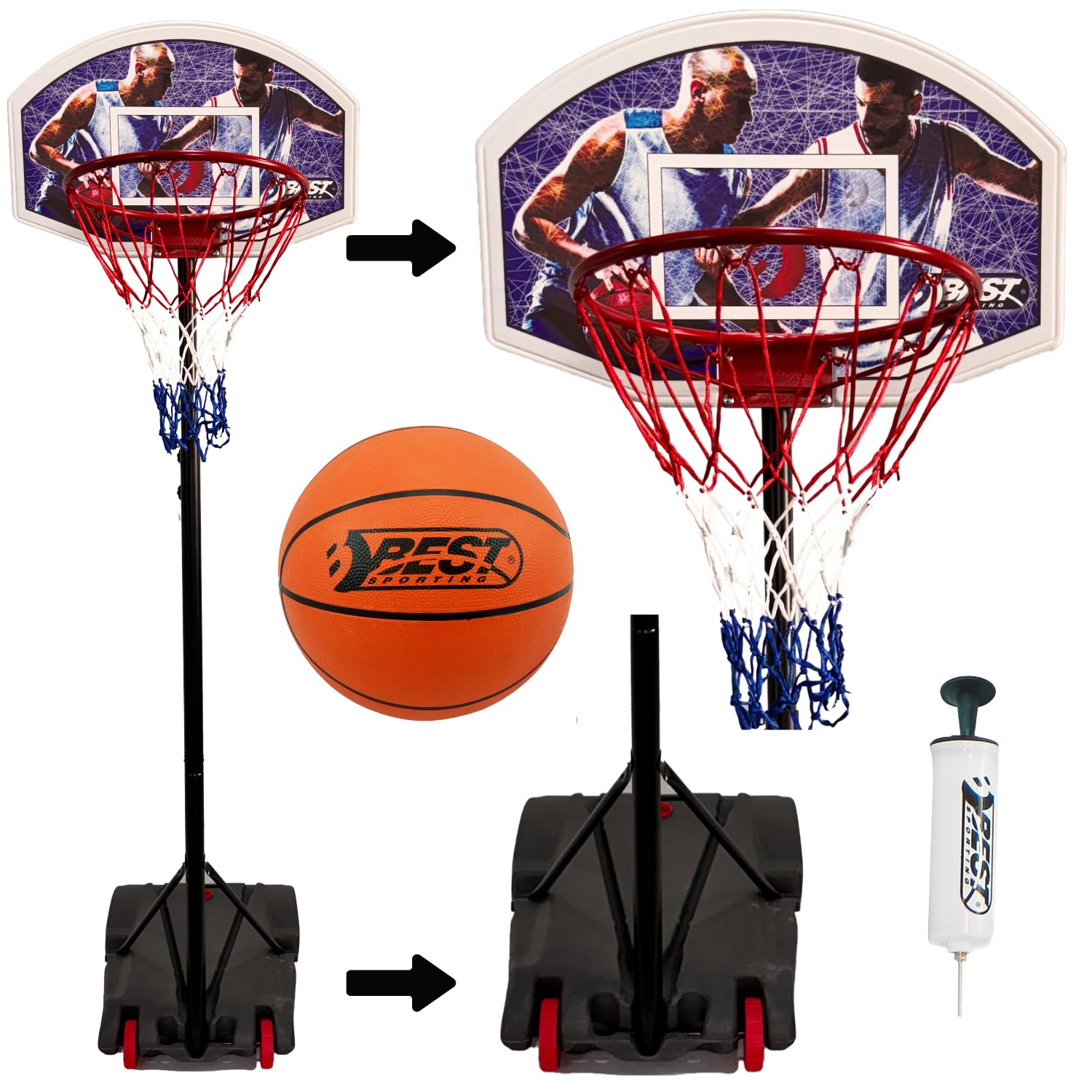 BEST SPORTING Basketballkorb Outdoor 165–205 cm – Verstellbar & mobil – Transportable Korbanlage mit stabilem Standfuß – Optional mit Basketball & Pumpe – Für Kinder & Einsteiger