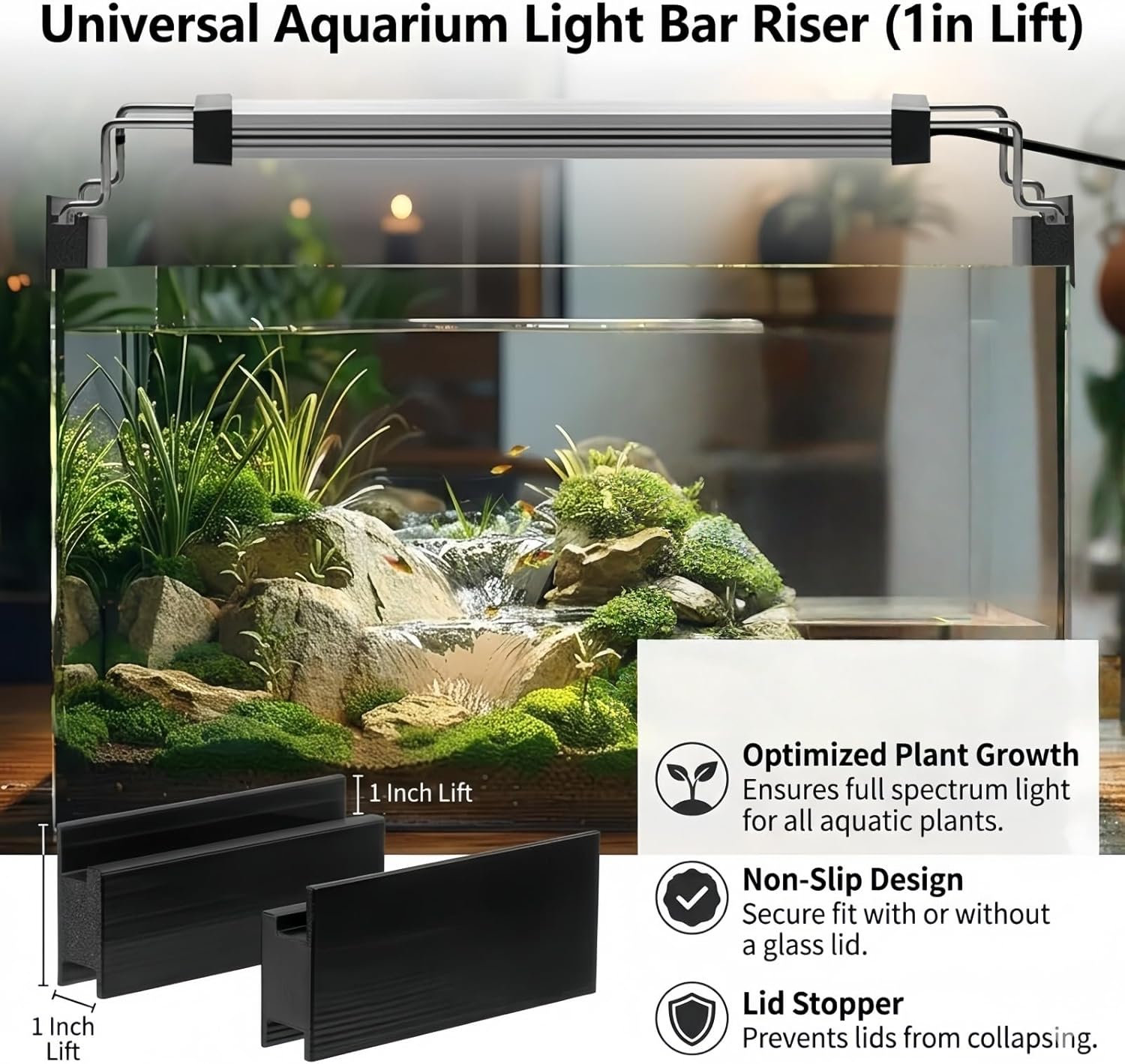 1" Aquarium Light Riser Compatible with Aqueon Tanks, Universal LED Light Bar Mount for Rimmed Aquariums, Optimizes Plant Growth & Prevents Lid Over-Opening, Fits Glass Lids, 2-Pack