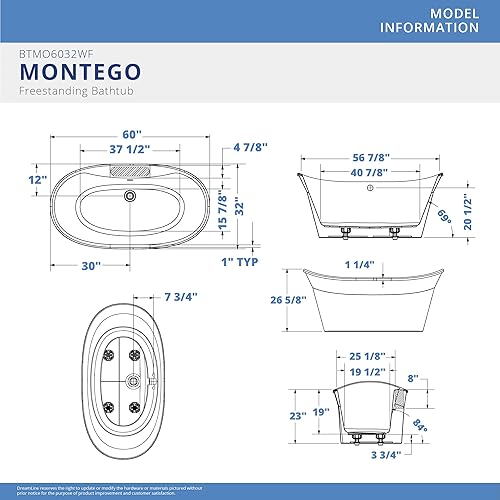 Miniatura 10 de DreamLine Montego - Bañera independiente de acrílico blanco de 60 pulgadas de largo x 27 pulgadas de alto