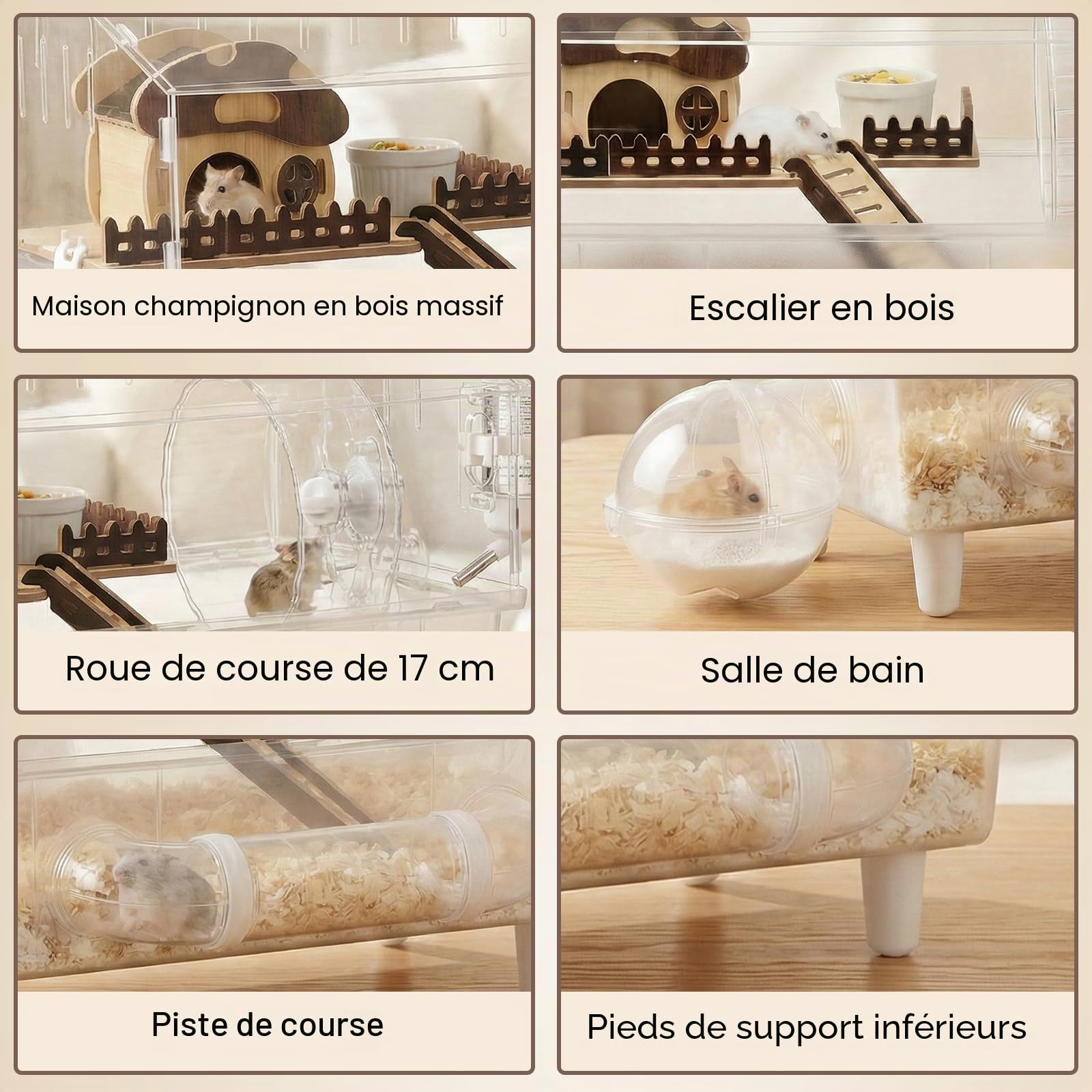Grande cage pour hamster syrien à 2 couches, en acrylique, avec fenêtre de visualisation, 45 x 28 x 34 cm, entièrement transparente, avec décoration de maison de champignons, cage à souris pour