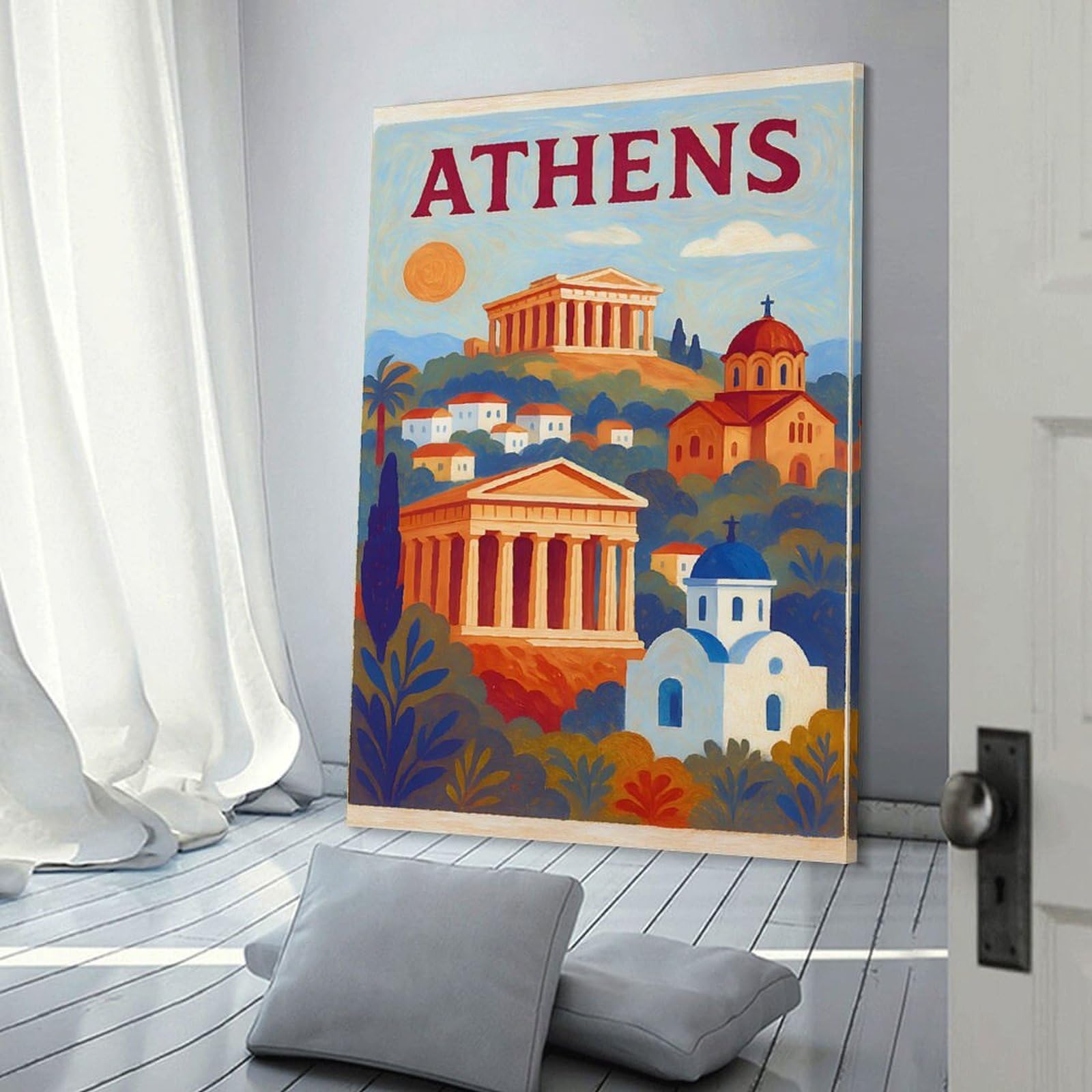 Junmoney Athens Travel (2) Canvas Wall Picture 24x36inch(60x90cm), for Entryway, Lounge Links Or Small Walls, Decorative Canvas Styling for Entry Areas
