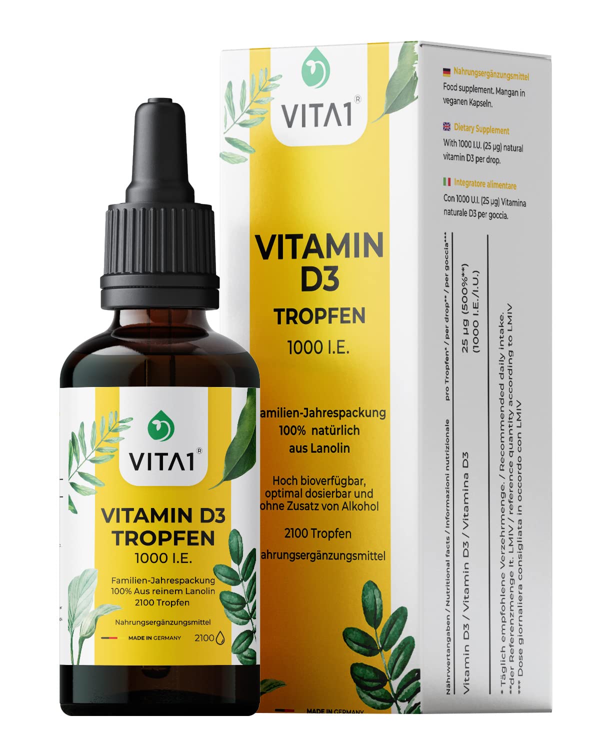 VITA1 Vitamin D3 Drops high 1000 I.E. per Drop • 50 ml • Vegetarian • for Bones and Immune System • Purely Natural from Lanolin • Made in Germany
