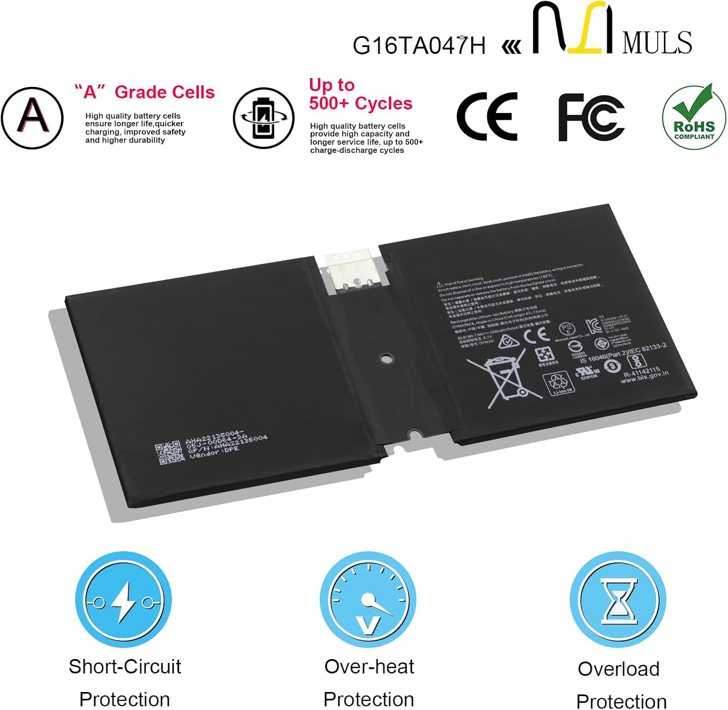 MULS G16TA047H 7.66V Battery Replacement for Microsoft Surface Go 2 1901 1926 1927 Series Tablet PC Series Battery 26.81Wh 3500mAh
