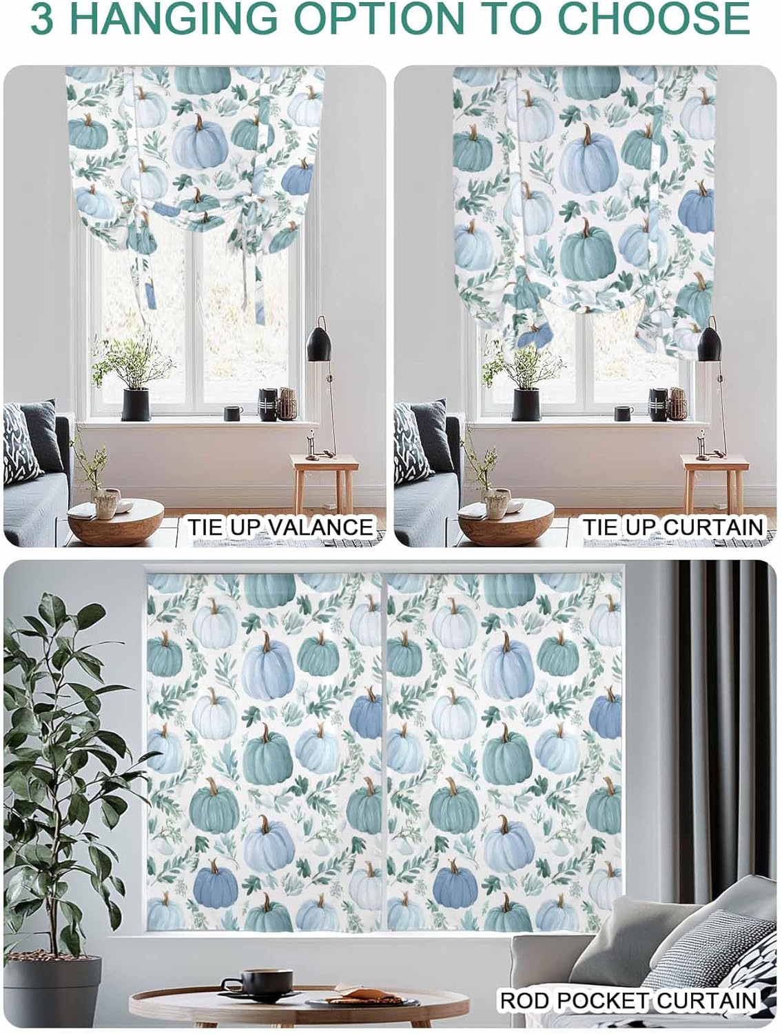 Thanksgiving Tie Up Curtains for Windows Watercolor Blue Green Pumpkin Rod Pocket Window Shade Adjustable Balloon Curtain Valance for Bedroom Kitchen Bathroom Blinds 46x63in Fall Leaf
