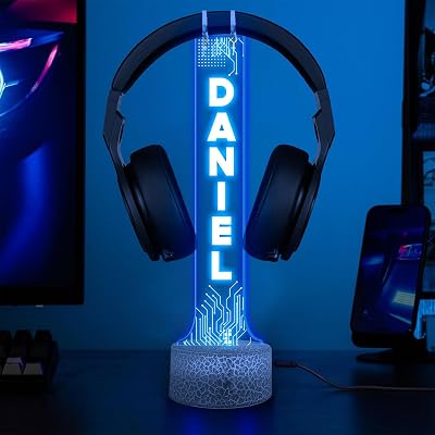 Personalized DJ Headphone Holder with RGB LED Lights, Custom Name Headset Holder for Gamers, Boyfriend or Him, 3D Light-Up Display, Cool Christmas or Birthday Gift for Music Lovers