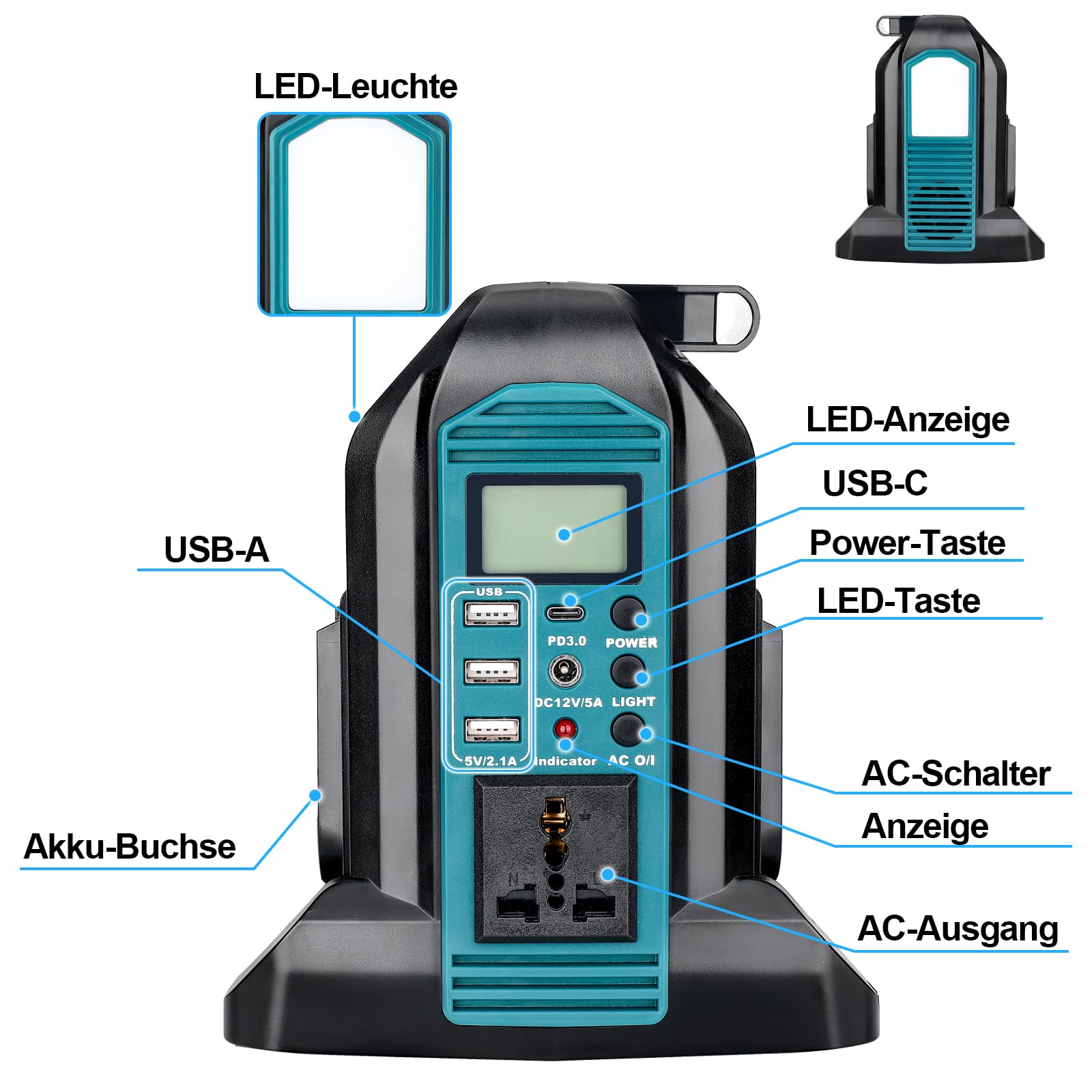 350w Wechselrichter für Makita 18v Akku, DC 18V auf AC 230V Reiner Sinus Spannungswandler, 2 Ports Stromwandler mit USB-A & USB-C Anschluss, 300LM LED Licht für Camping Notfall