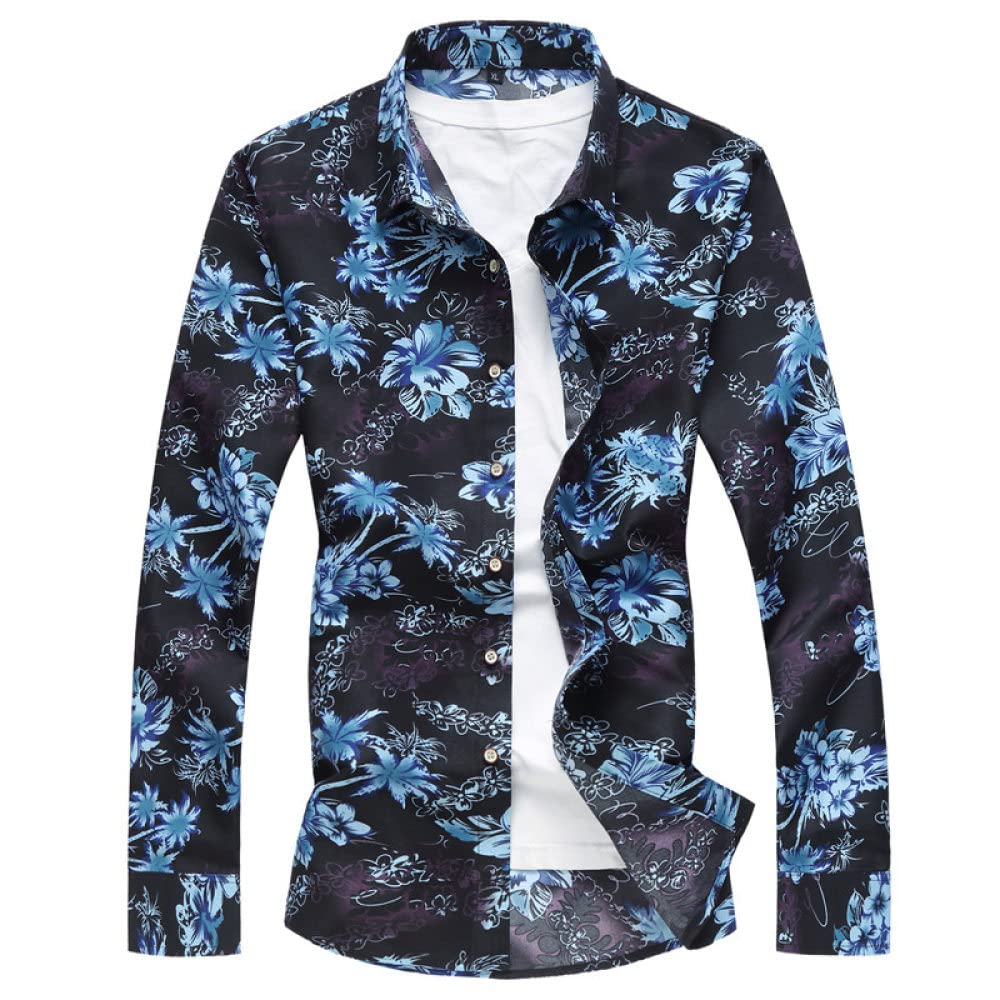 HGJH Hawaii Hemd, Herrenhemd Große Größe Blauer Kokospalmen-Blumendruck Hawaiihemd Kuba-Kragen Schwarze Lange Ärmel Button-Down-Weiches Strandhemd Henley-Hemd Für Männer Jungen