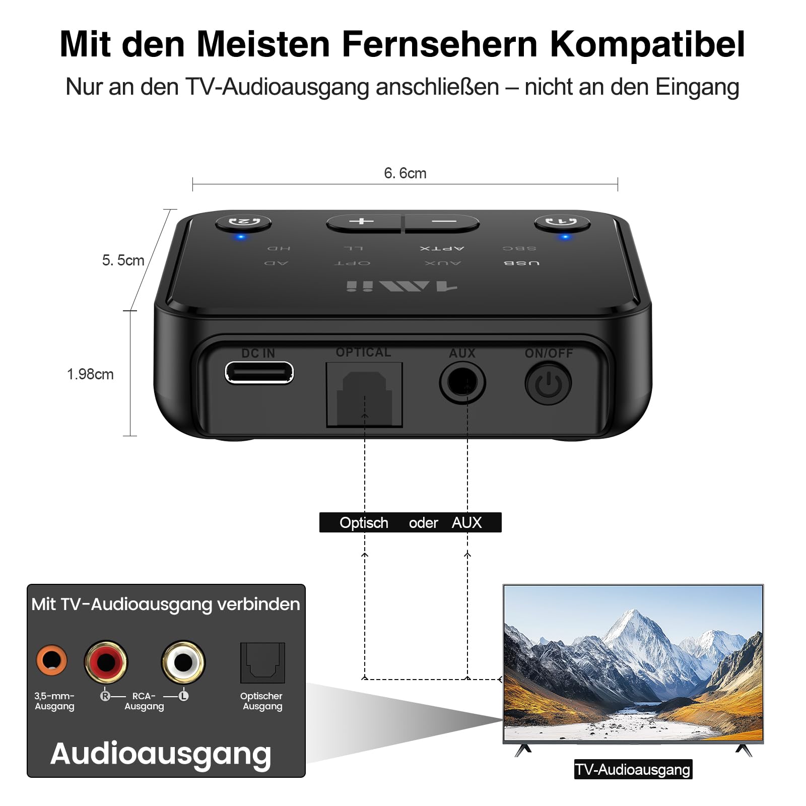 1Mii NightPair Bluetooth 5.3 Transmitter für TV, aptX Low Latency/HD/Adaptive Audio Sender mit Dual Link für 2 Kopfhörer, Optisch/AUX/RCA, bis zu 30 m Reichweite