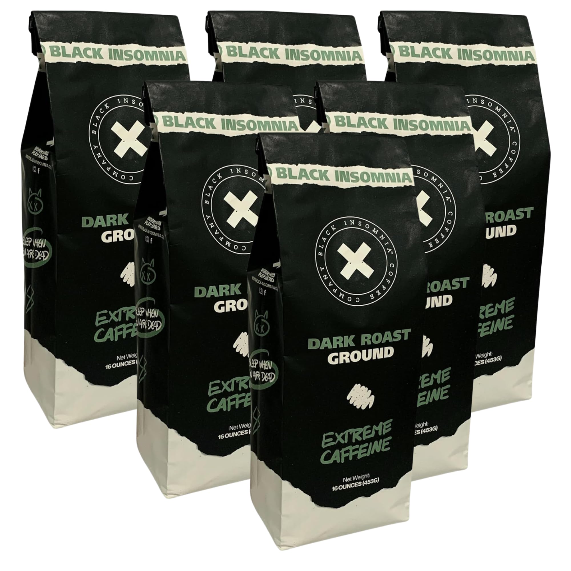 Black Insomnia Coffee - Dark Roast Ground - The Strongest Coffee in the World - 1lb (Pack of 6)