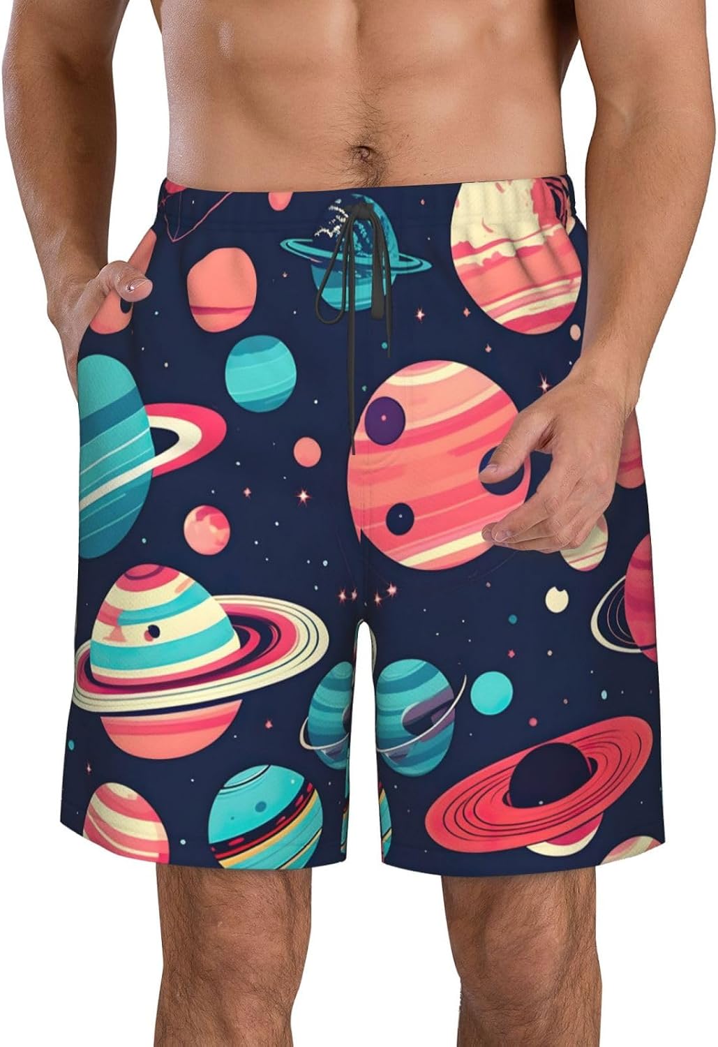 Mens Space Planets Print Beach Shorts,Casual Summer Shorts for Men,Quick Dry Polyester