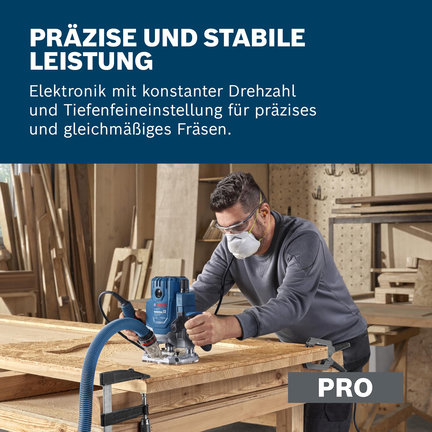 Bosch Professional kabelgebundene Oberfräse GOF 20-12 (2000W, inkl. Staubabsaugung, Rollenführung und Parallelanschlag, Zentrierstift, Steckschlüssel, Spannzangen-Set 12 mm, 8mm, 1x Kopierhülse)