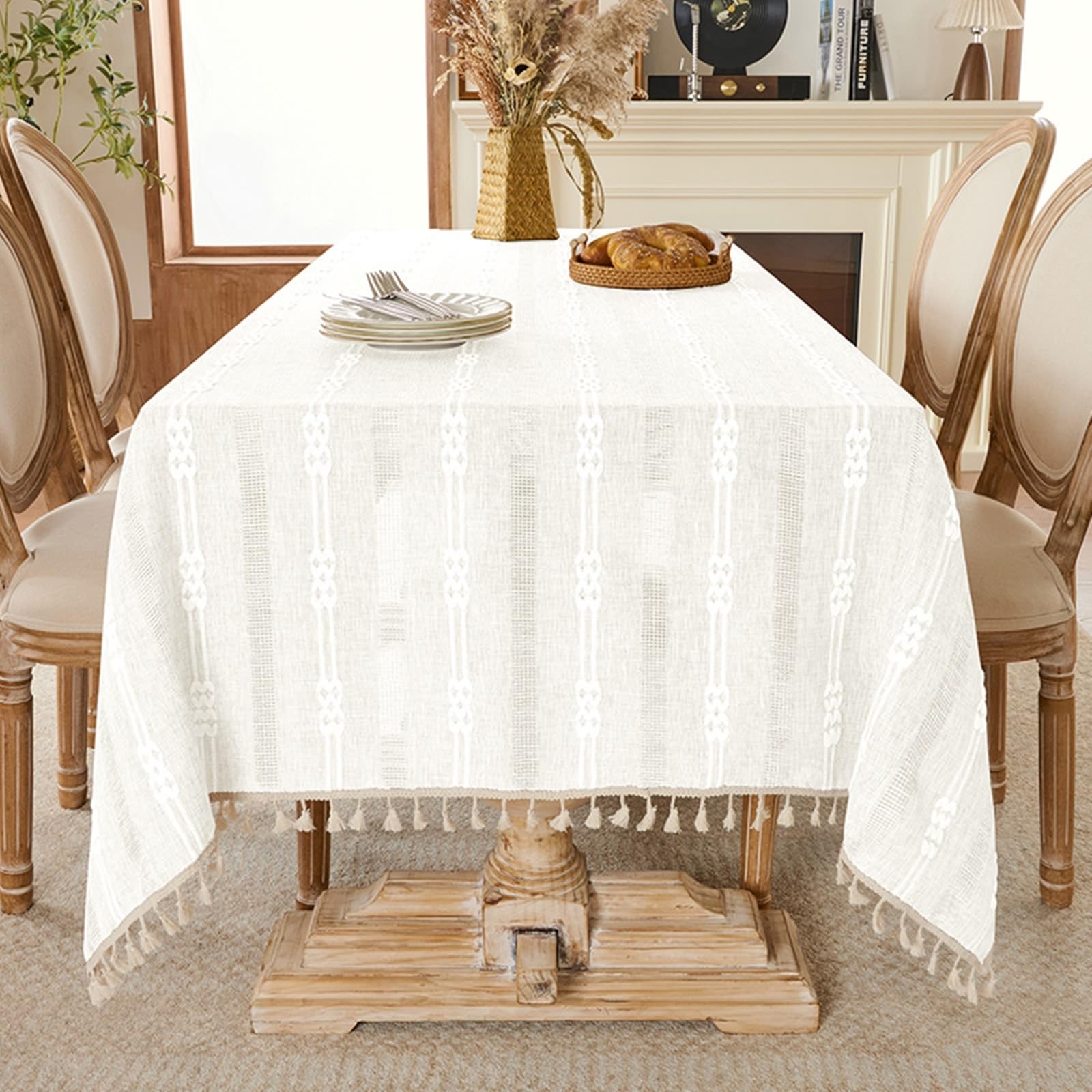 Mantel rectangular de poliéster, 140 x 220 cm, color beige y blanco