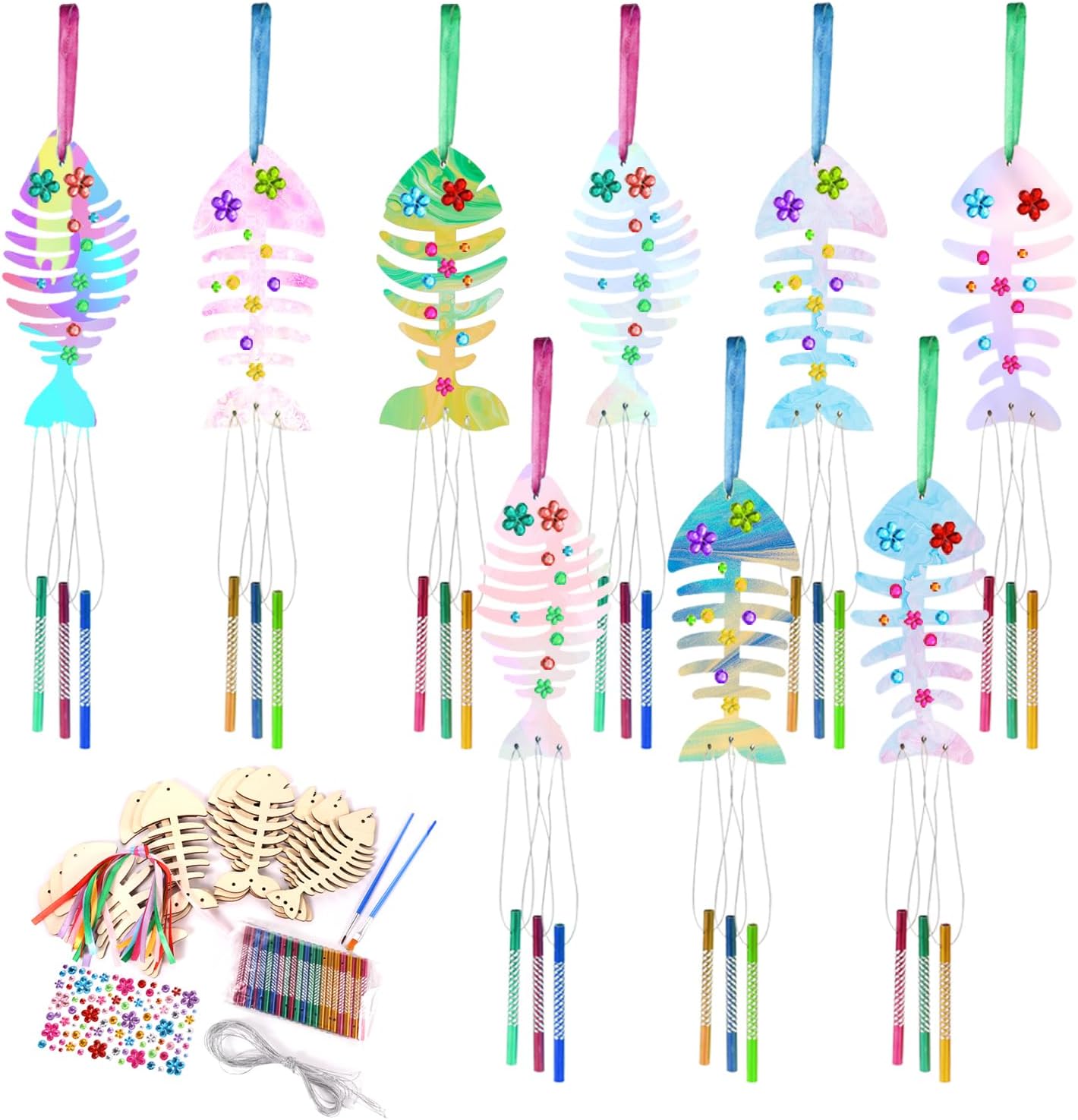 12pcs DIY Wind Chime Kit, Wooden Fish Bones Wind Chime Craft Spring Craft Kits for Kids Make a Wind Chime Kit for Boys and Girls DIY Crafts