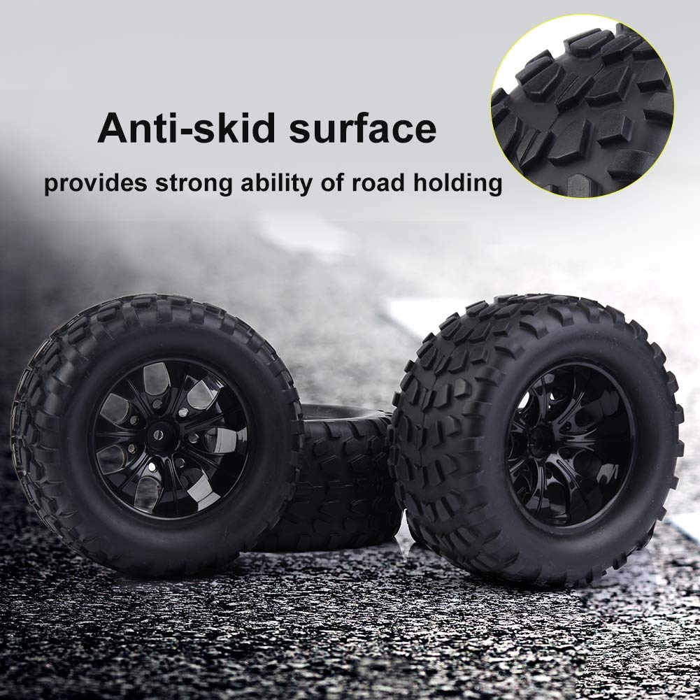 RC1/10 Uniwersalne opony modelowe, zestaw 4 gumowych opon do monster trucka RC, 12mm sześciokątne, czarne (7 otworów)