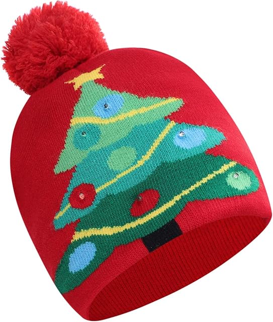 Kids LED Light Up Christmas Hat Flashing Beanie Knit Cap Xmas Party Hat Boy Girl Red Green Christmas Hat with Light Warm Winter Ugly Cap Party Cosplay Accessory Gift