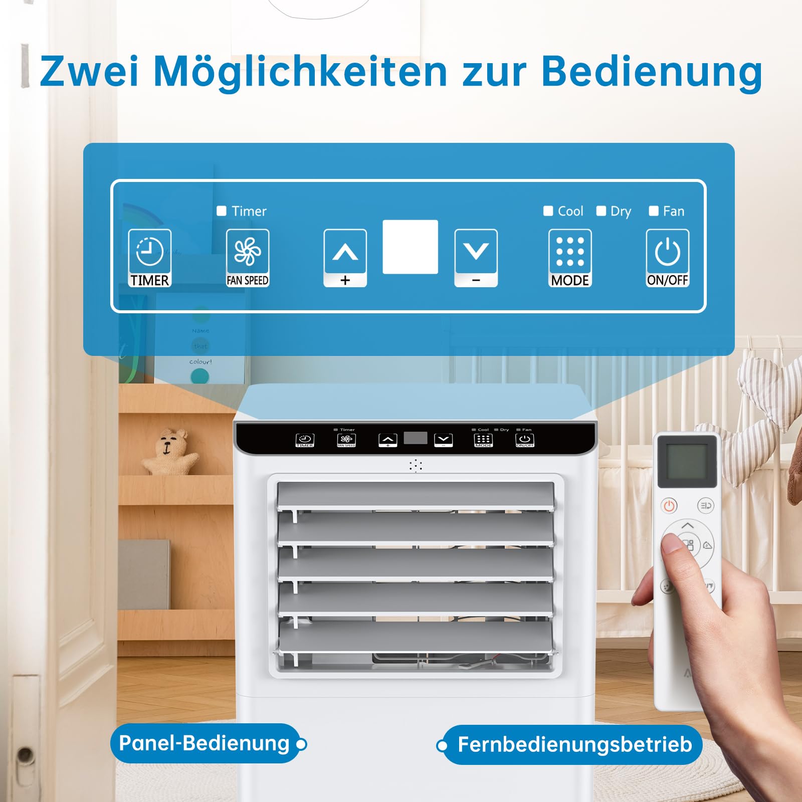 Climatiseur Mobile 7000 BTU (2000W), 3-en-1 Climatisation avec Refroidissement, Déshumidification et Ventilation, pour Pièces jusqu'à 25m², Minuteur 24h, Télécommande & Écran LED