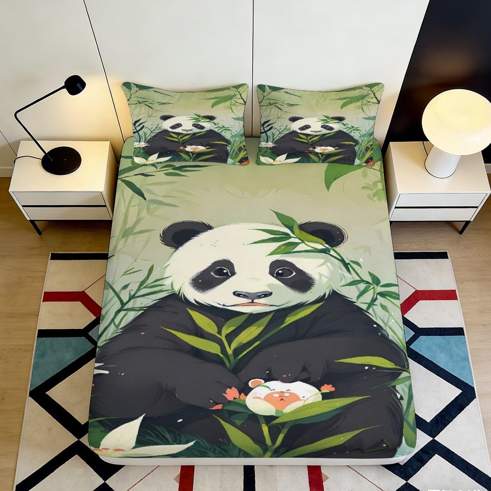 3D Printed Panda Pattern Fitted Sheet Microfiber Soft Breathable Bamboo Leaves Bed Cover for Bedroom Dormitory Guest Room Mattress Protection Decor 180x200x25cm
