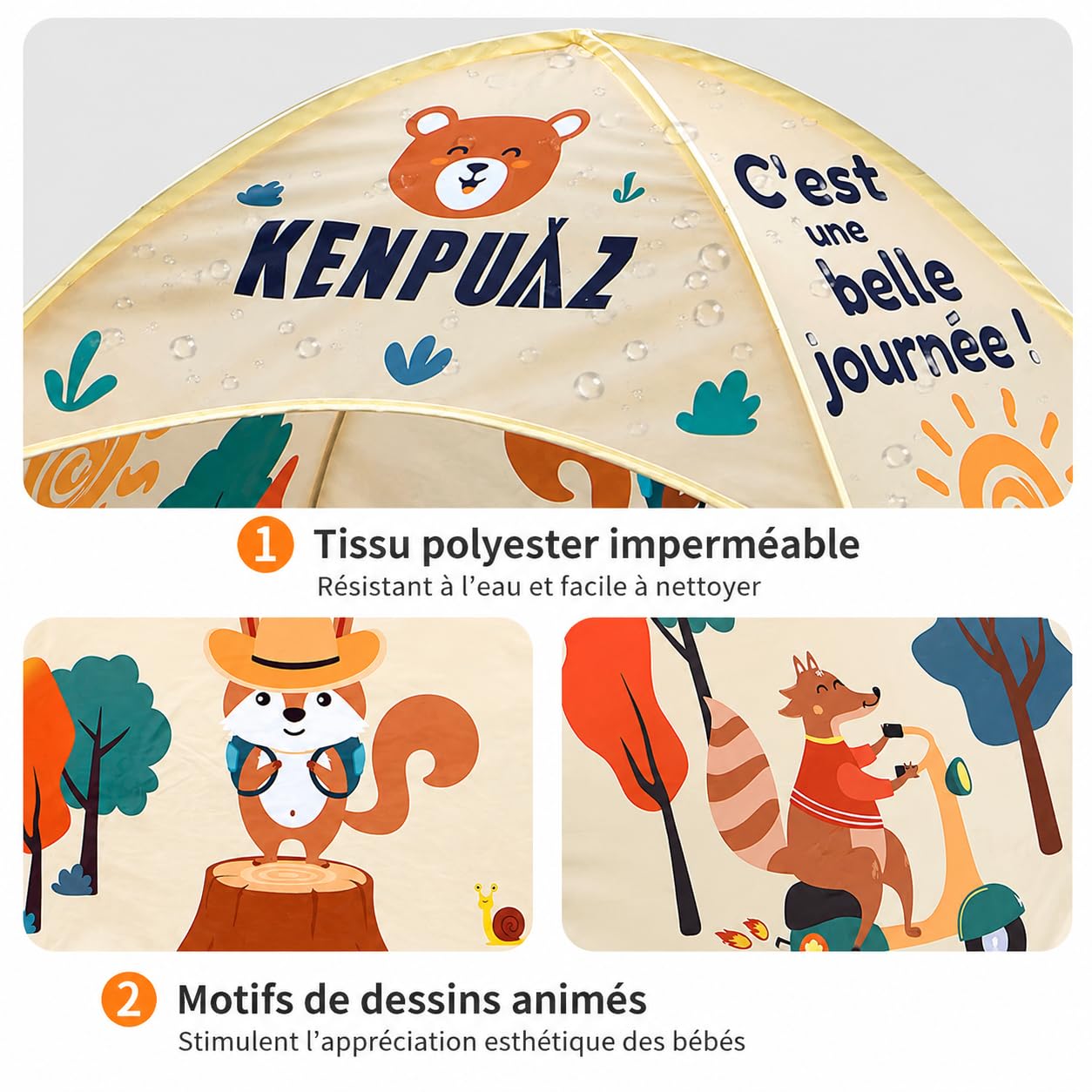 Grande Tente de Plage Pop Up 143x160x120cm – Abri Soleil Anti UV UPF50+ | Protection Enfant & Bébé – Respirant & Imperméable, Portable avec Sac de Rangement et Piquets, Motifs Animaux, Beige