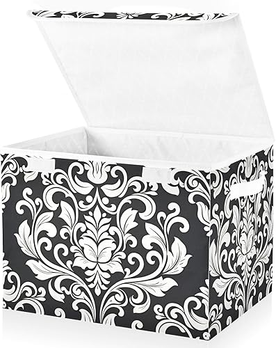 Miniatura 2 de Cesta de almacenamiento con diseño floral barroco de damasco negro con tapas y asa, cubo de almacenamiento grande plegable para estantes, armario,