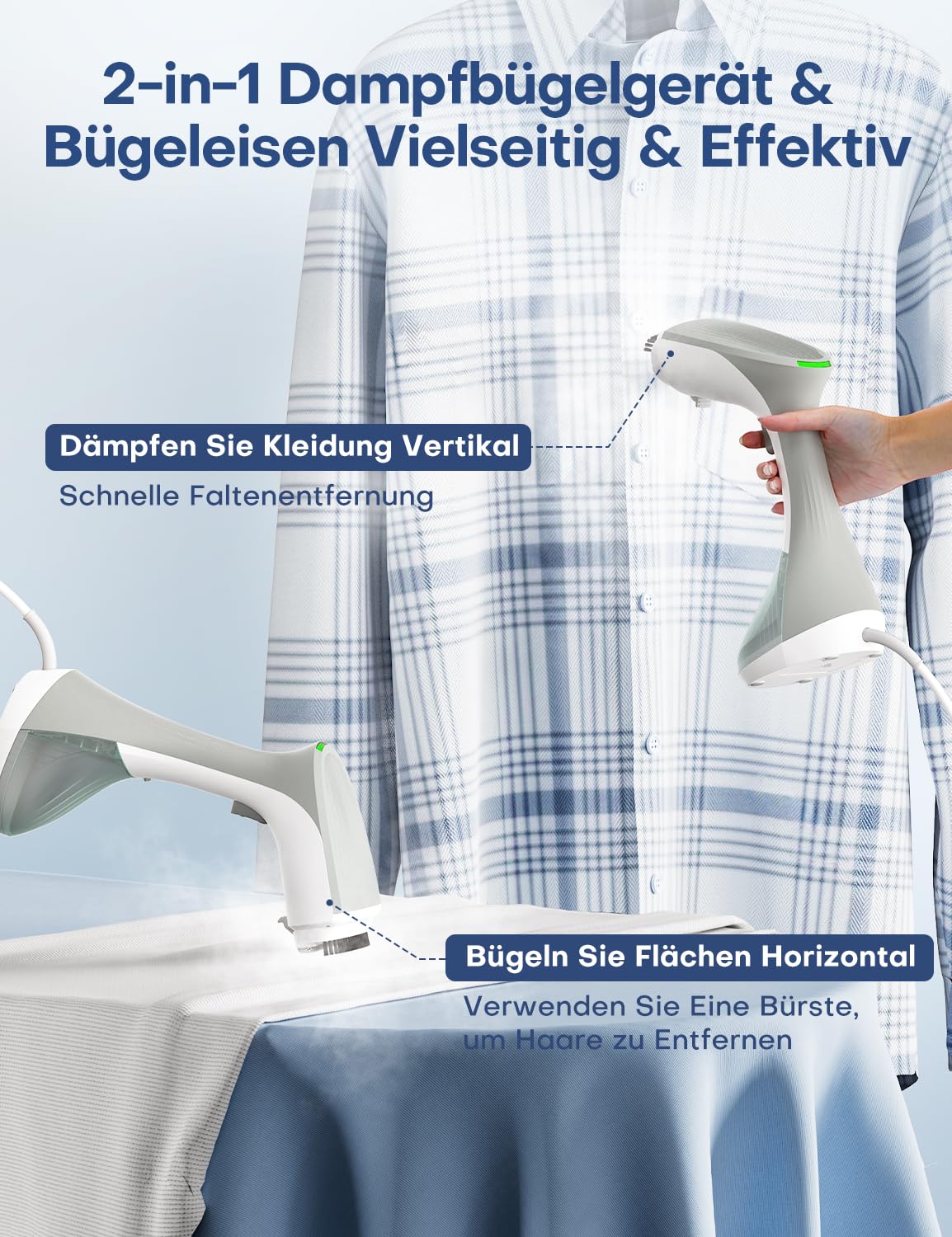 AROEVE Steamer Dampfglätter 1300W Handheld Dampfbügeleisen, 260ML Großer Tank, 2 Dampfmodi, kompakt & Tragbar für Zuhause, Büro, Reisen – Effizienter Faltenentferner, Grau