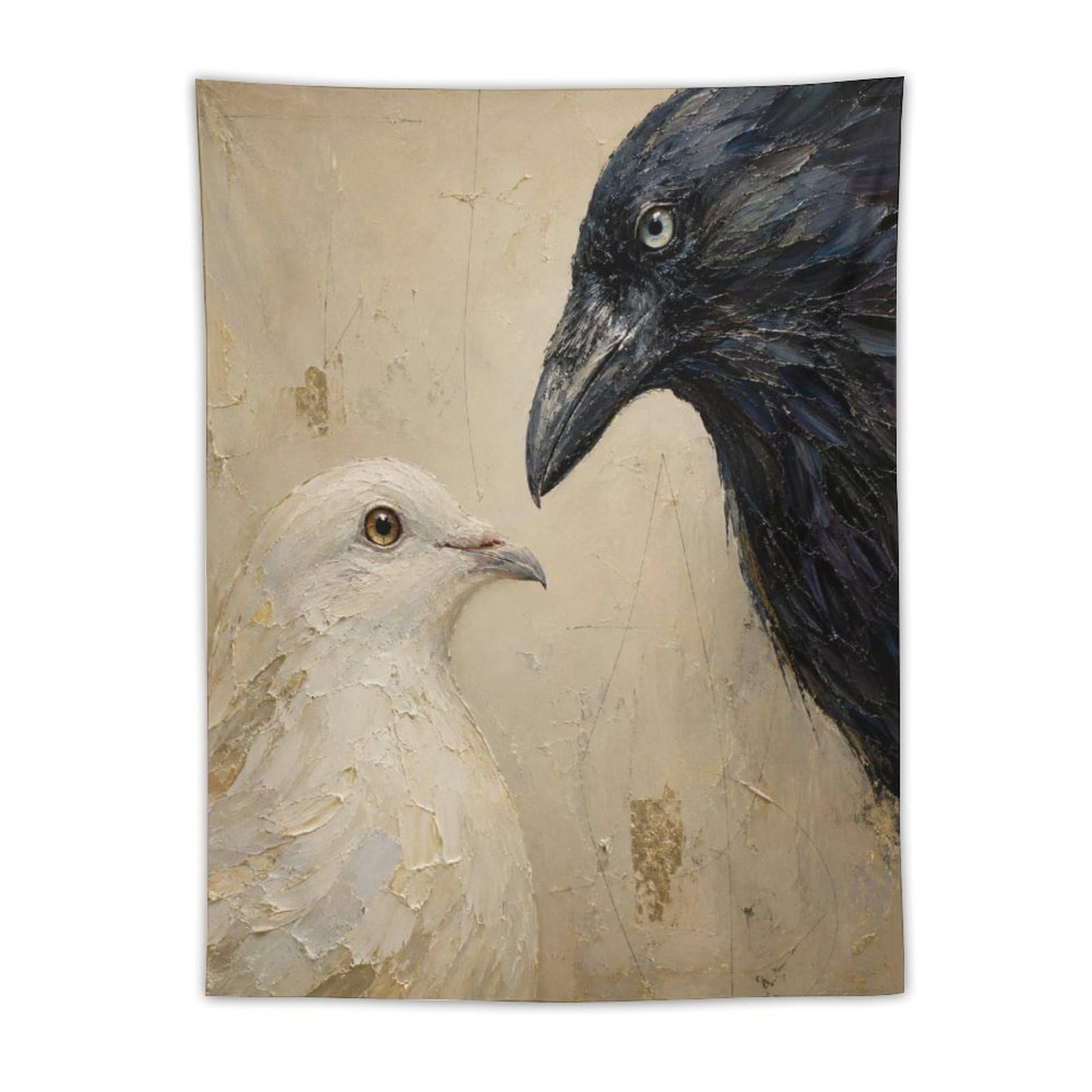 H3B8U2Y5 Raven and Dove Wall Tapestry, Realistic Illustration Style