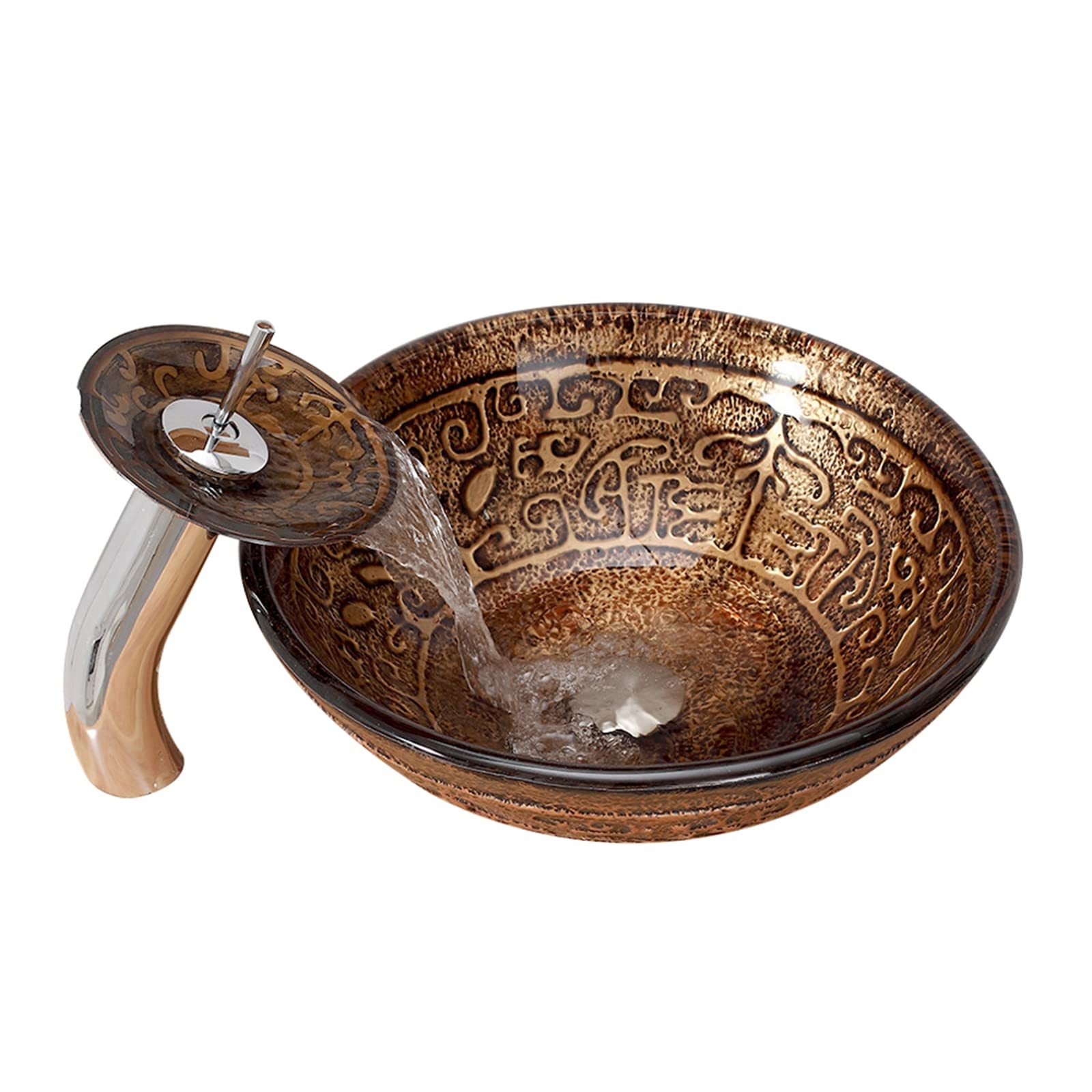 TIANQIHAO Antique Totem Tempered Glass Round Vessel Sink, Bathroom Sink With Waterfall Faucet And Drain Combo, Above Counter Washbasin Accessories