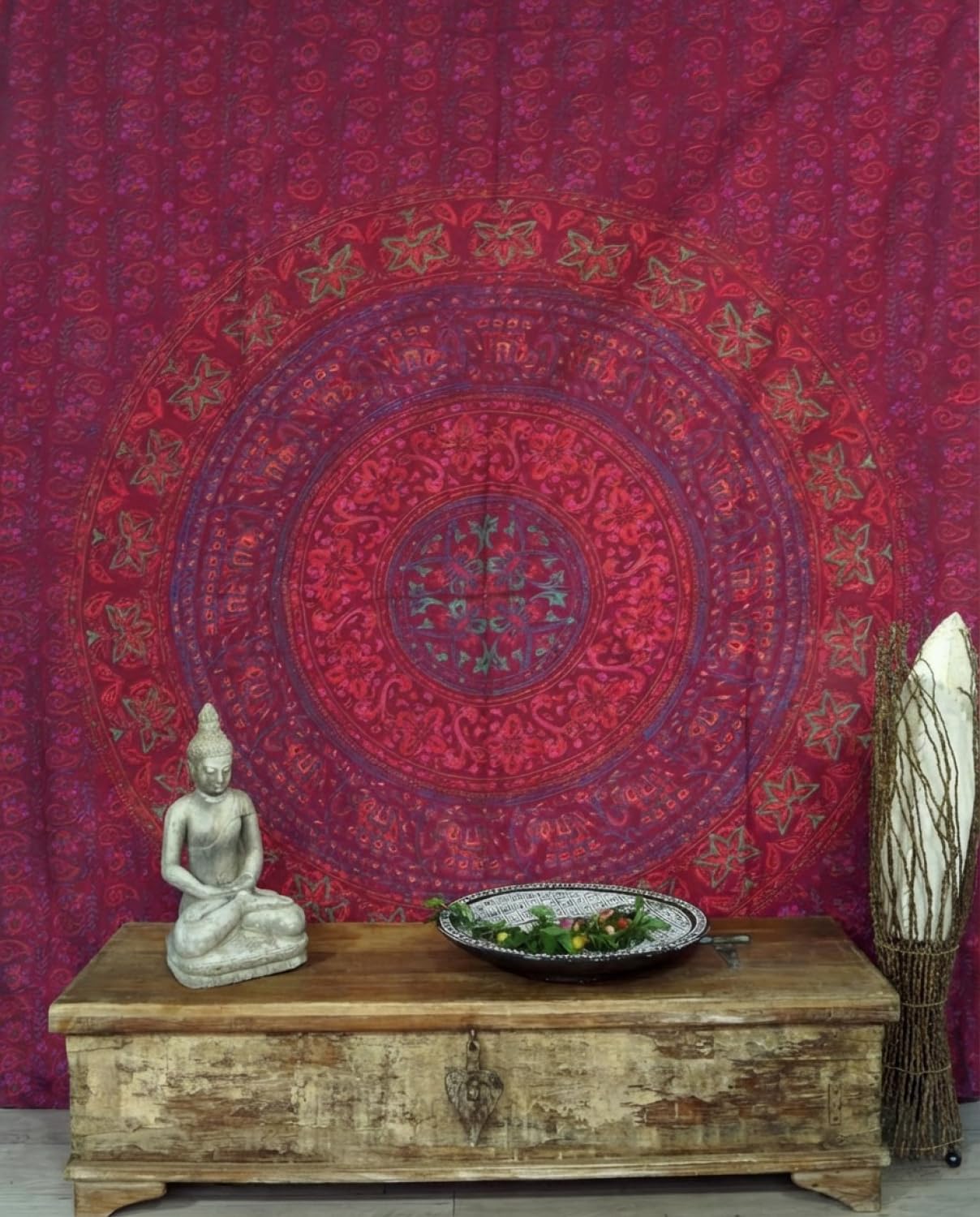 Couvre-lit mandala indien grand format drap mural bordeaux et multicolore