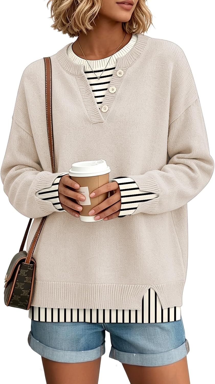 Womens Henley Sweaters Pullover Work Tops Fall Clothes Teacher Outfits thumbnail