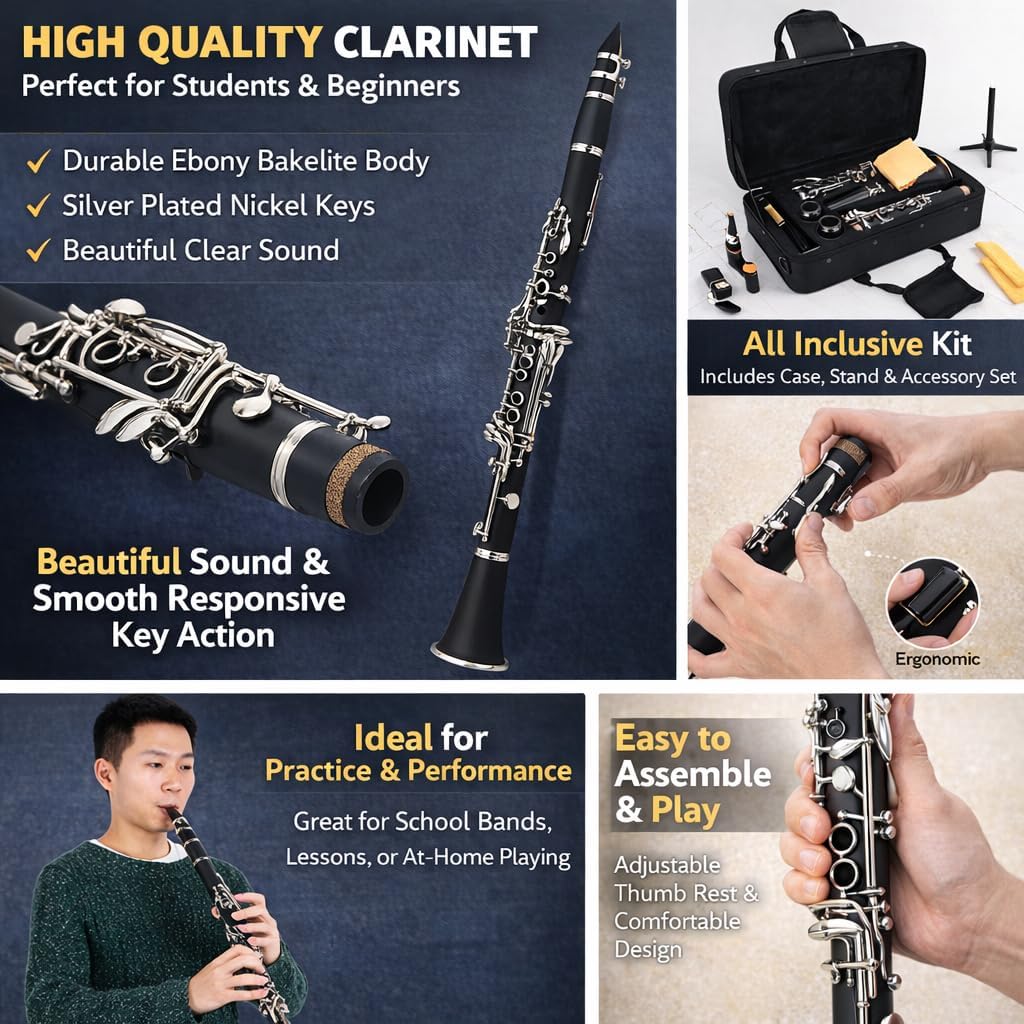 Bakelite 17 Key Descending B Tone Clarinet with Reeds Cleaning Cloth for Classical Jazz Music Black