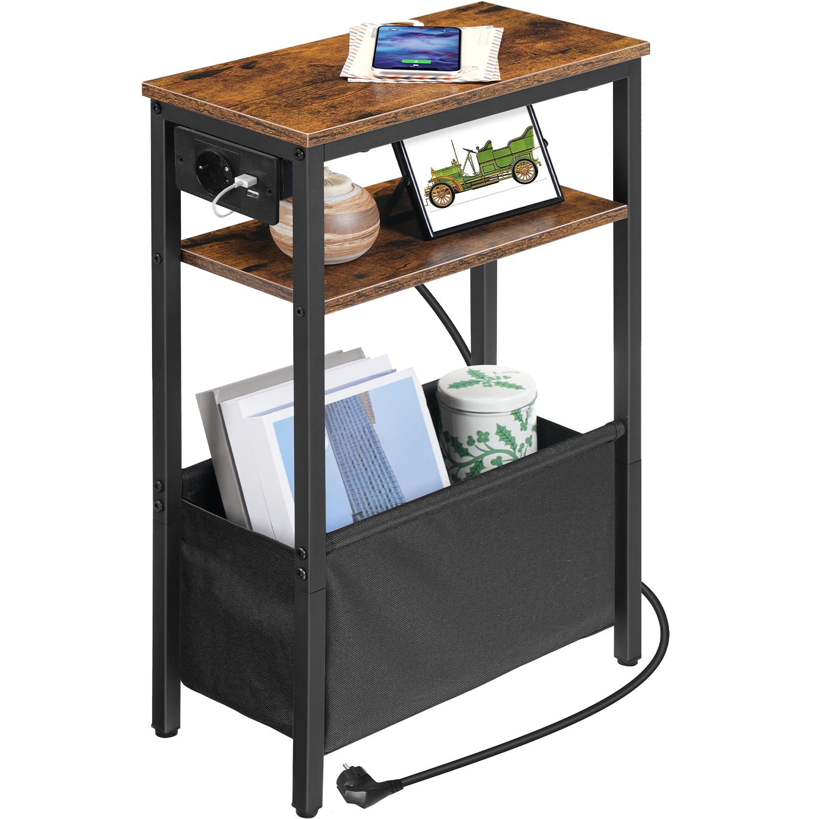 HOOBRO Table d’Appoint étroite, Table de Chevet avec Station de Charge et Rangement, Bout de Canapé avec Prise et Ports USB, pour Petit Espace, Chambre, Salon, Marron Rustique et Noir EBF125CBZ01